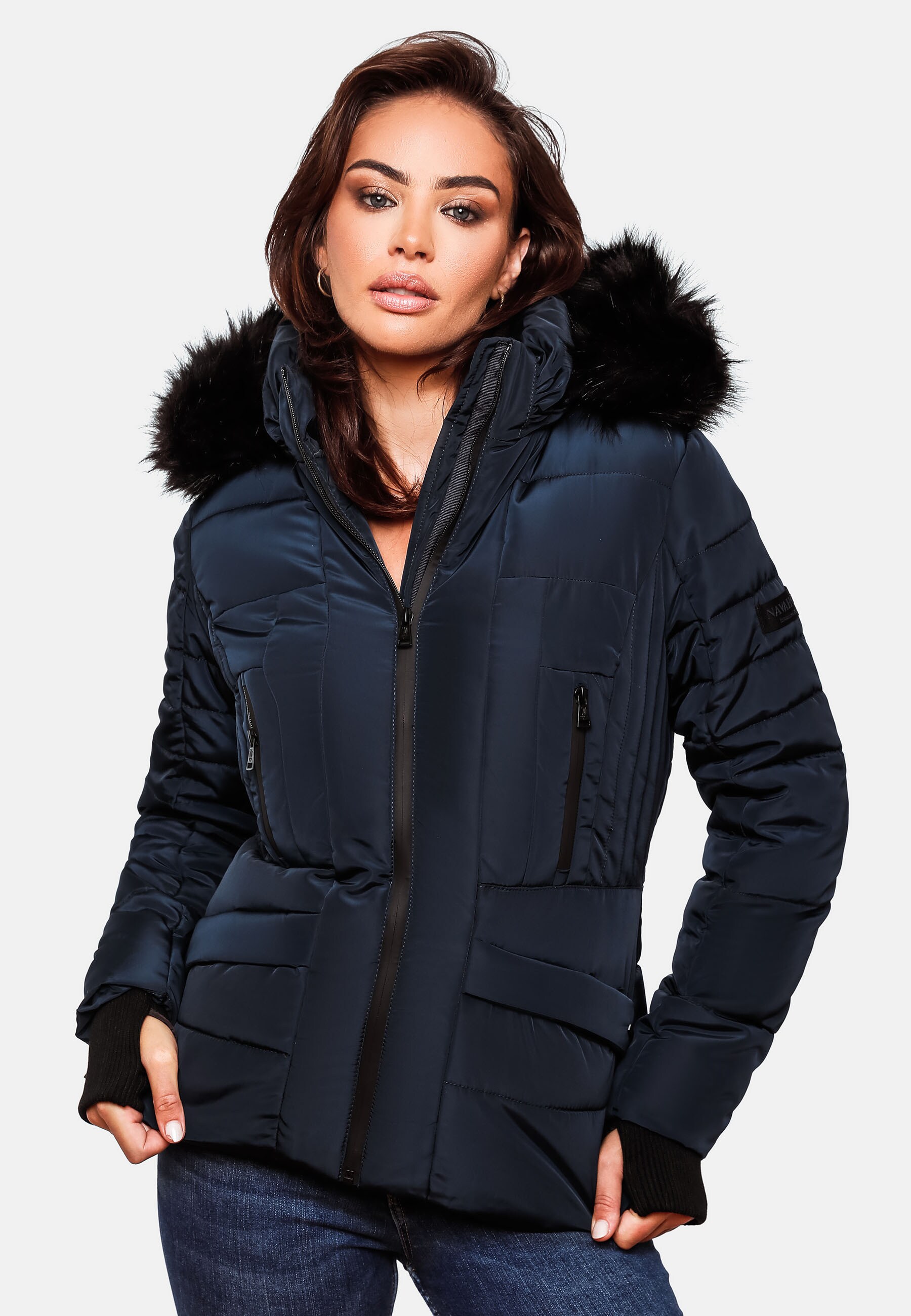 NAVAHOO Damen hochwertige Steppjacke Winterjacke mit edler Kunstfell-  Kapuze Adele