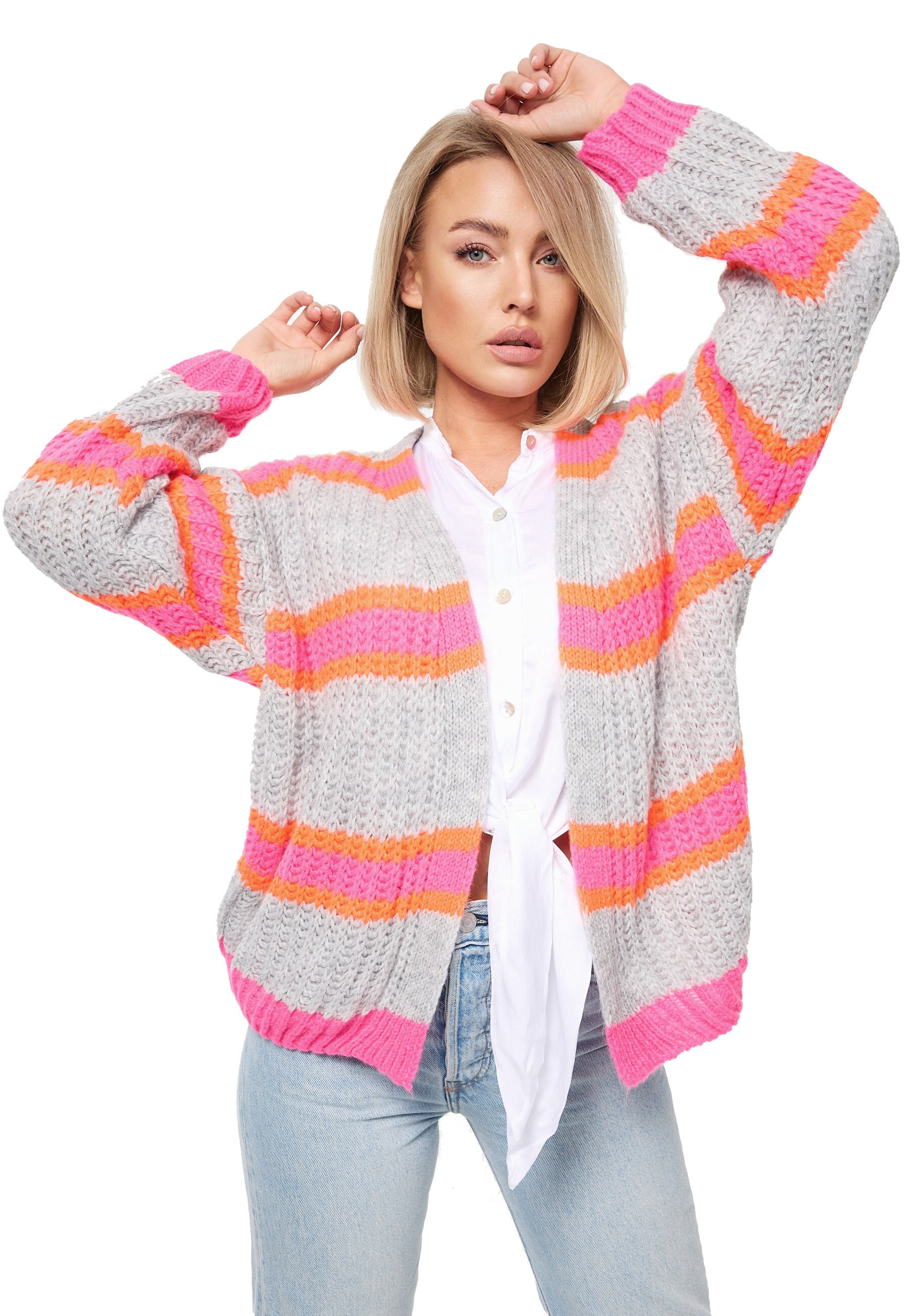 PM SELECTED Damen Cardigan Kuschelige Strickjacke in Candy Stripes Design in Einheitsgr&ouml;&szlig;e PM08 - Bild 1