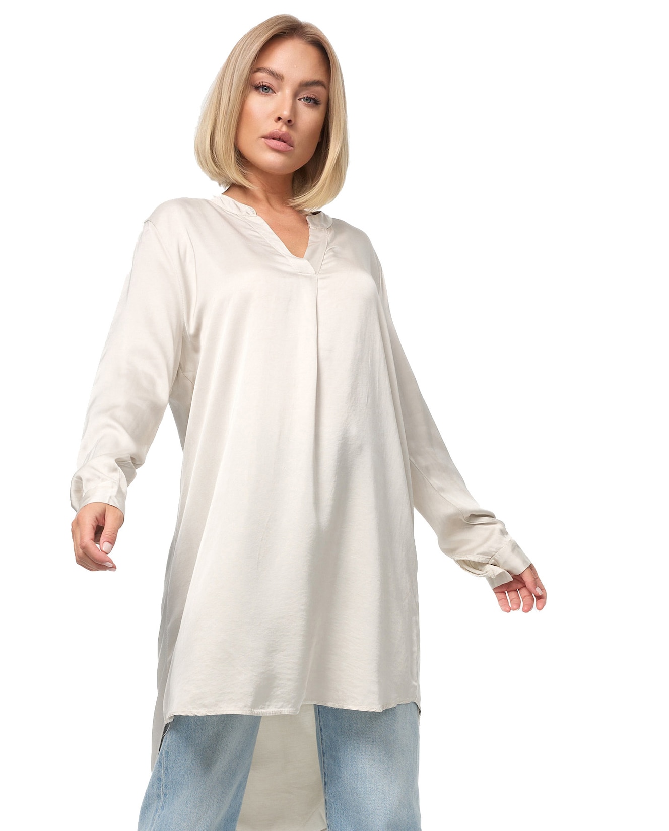 PM SELECTED Damen Elegante Satin Light Oversize Business Long Bluse in Einheitsgröße PM07
