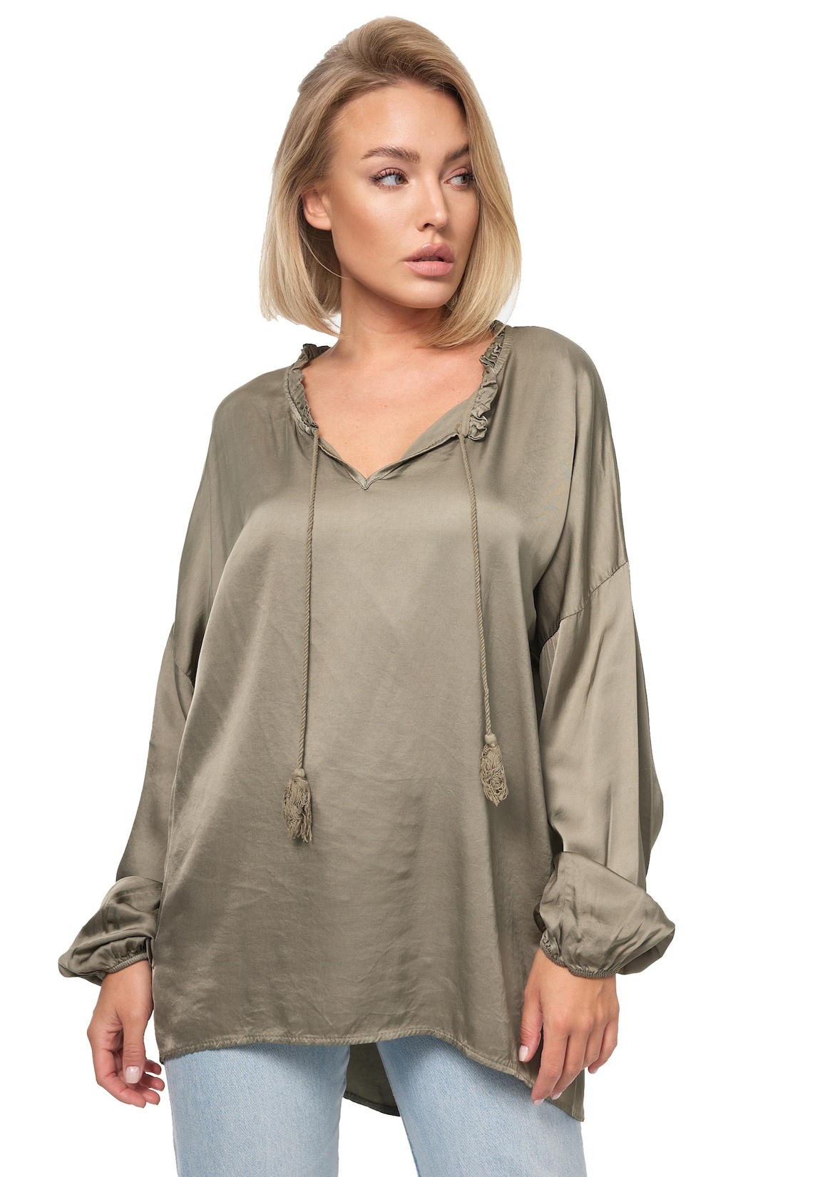 PM SELECTED Damen Schlupfbluse Romantische Business Satin Bluse mit Rüschenkragen in Einheitsgröße PM06
