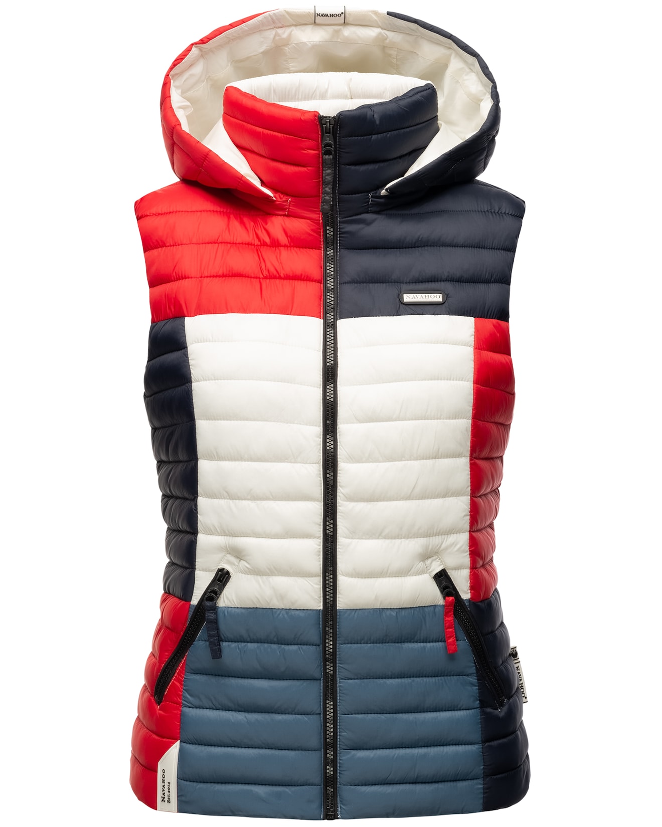 NAVAHOO Damen Steppweste Ärmellose Weste im Colourblocking-Stil und Kapuze Shadaa Multikulti