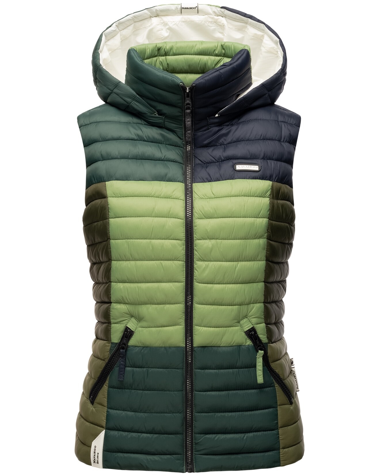 NAVAHOO Damen Steppweste Ärmellose Weste im Colourblocking-Stil und Kapuze Shadaa Multikulti