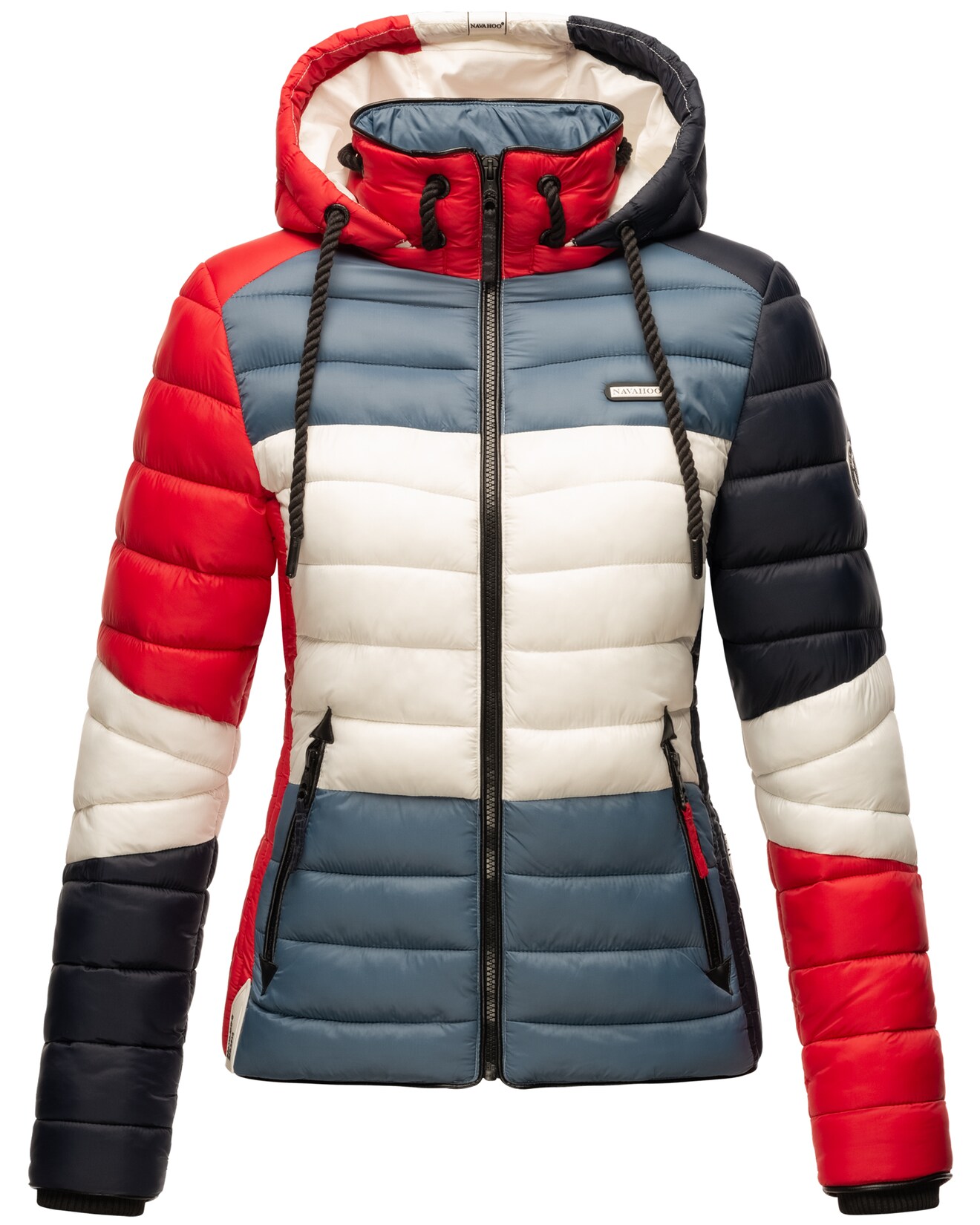 NAVAHOO Damen Steppjacke leichte Übergangsjacke mit Kapuze im Colourblocking Stil Lulana Multikulti