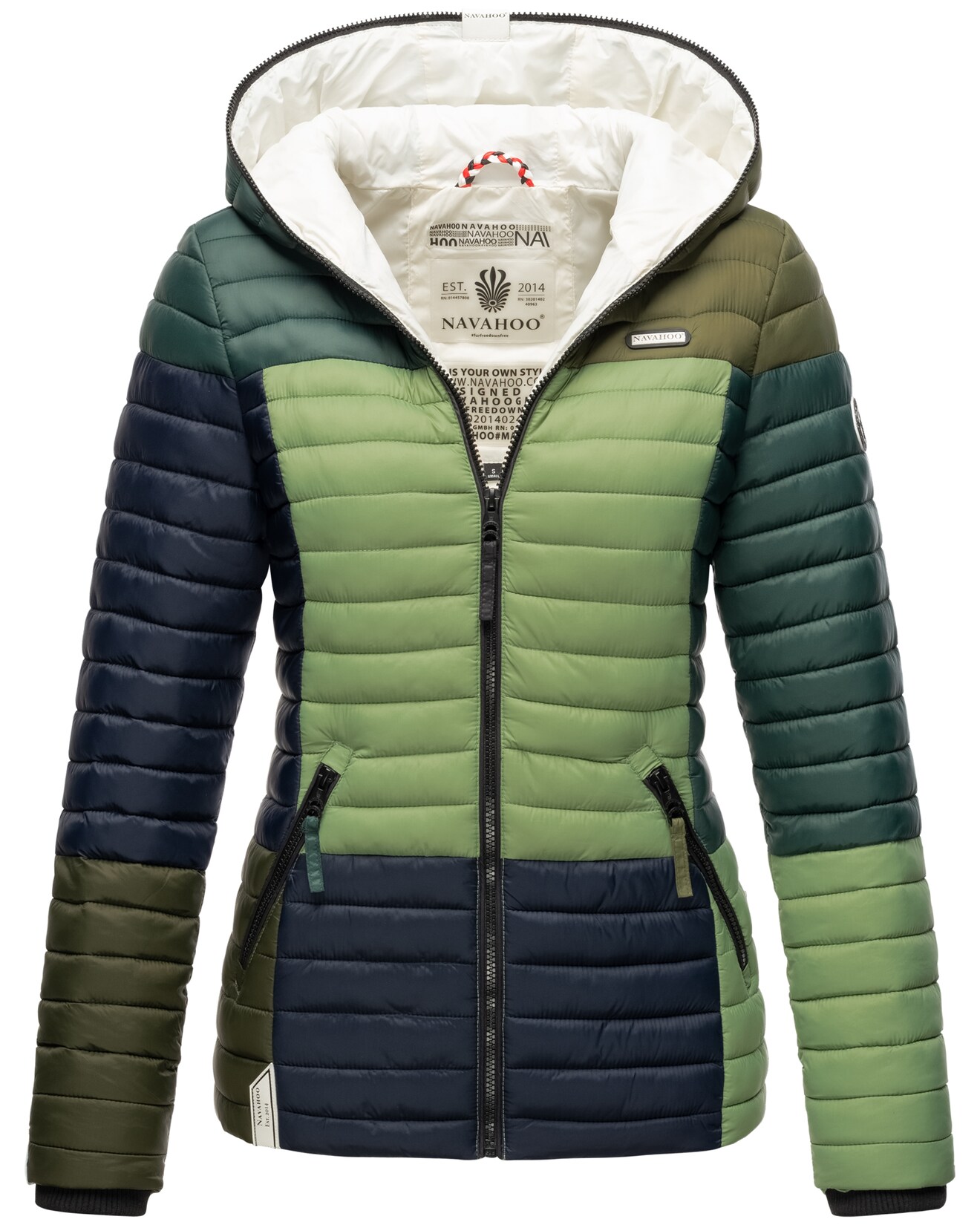 NAVAHOO Damen Stylische Steppjacke Colorblocking Übergangsjacke mit Kapuze Multikulti