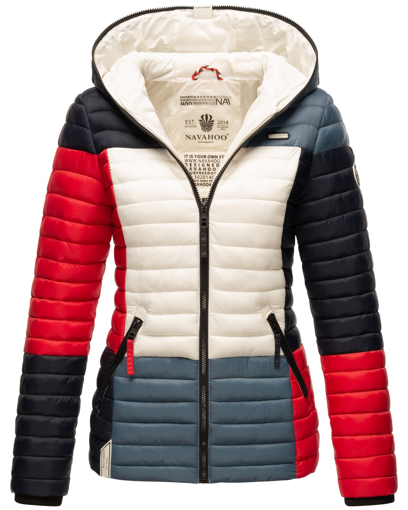 NAVAHOO Damen Stylische Steppjacke Colorblocking Übergangsjacke mit Kapuze Multikulti