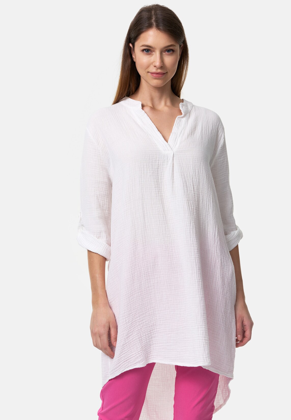 PM SELECTED Damen Longbluse Romantische Musselin Oversized Tunika in Einheitsgröße PM10