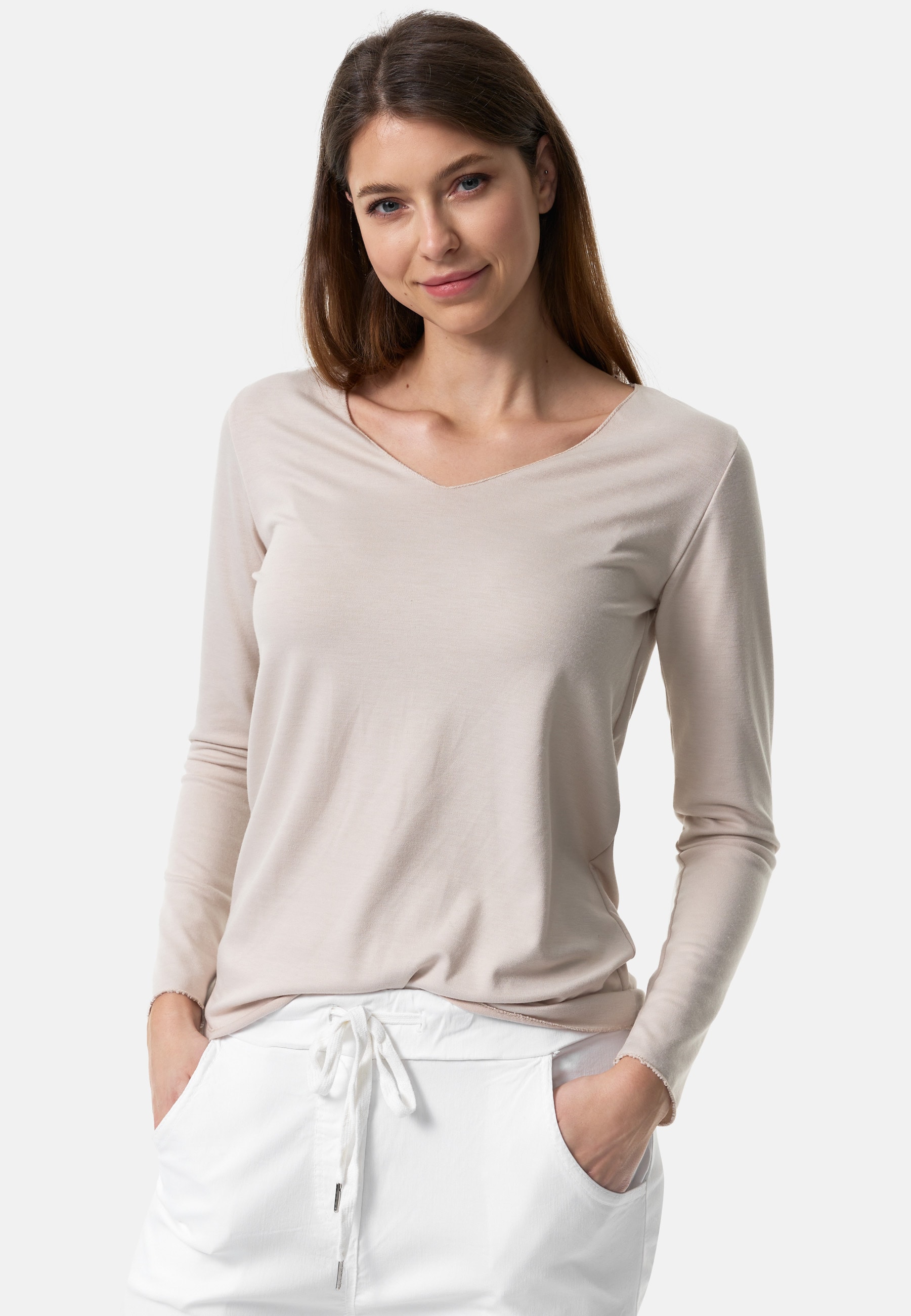 PM SELECTED Damen Longsleeve Legeres Langarm Sommer Shirt mit V-Ausschnitt in Einheitsgr&ouml;&szlig;e PM16 - Bild 1