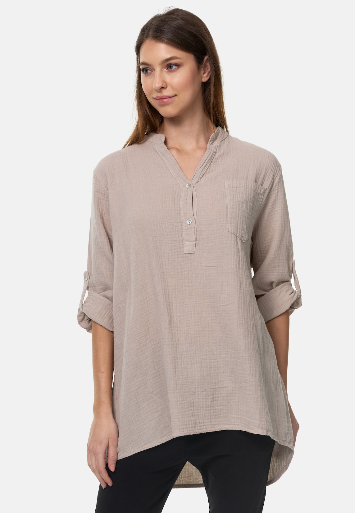 PM SELECTED Damen Musselin Tunika Longbluse mit Tasche PM17