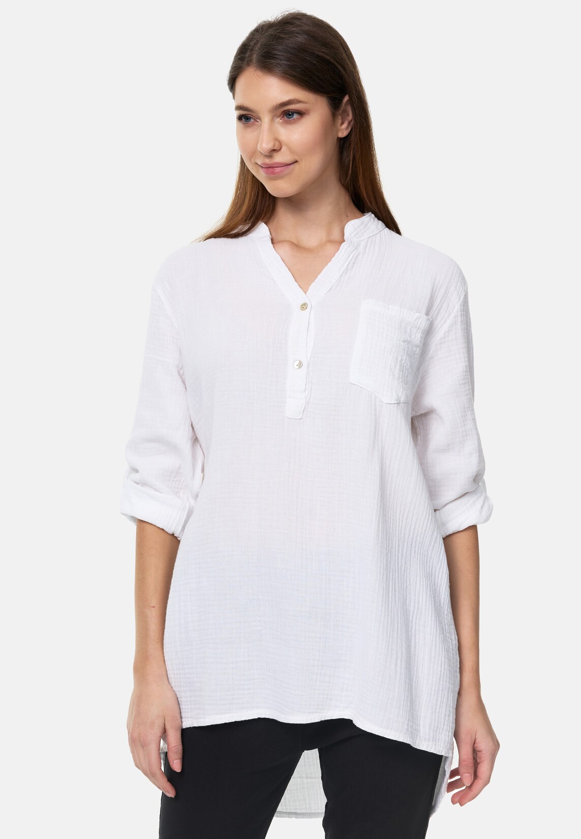 PM SELECTED Damen Musselin Tunika Longbluse mit Tasche PM17