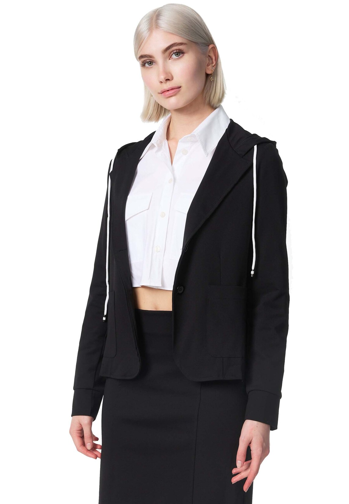 PM SELECTED Damen Kurzblazer Sportliches Sakko Business Hoodie Blazer mit Kapuze - Reverskragen & Zugband PM21