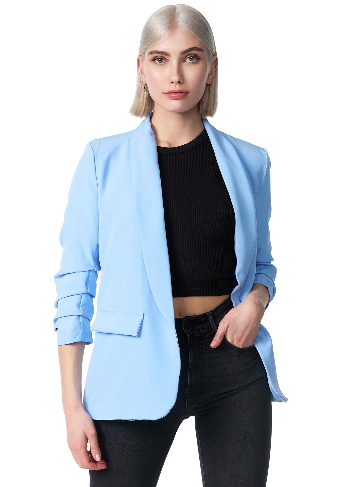 PM SELECTED Damen Kurzblazer Stylischer Sakko Business Blazer Gerafften Ärmeln in Einheitsgröße PM22