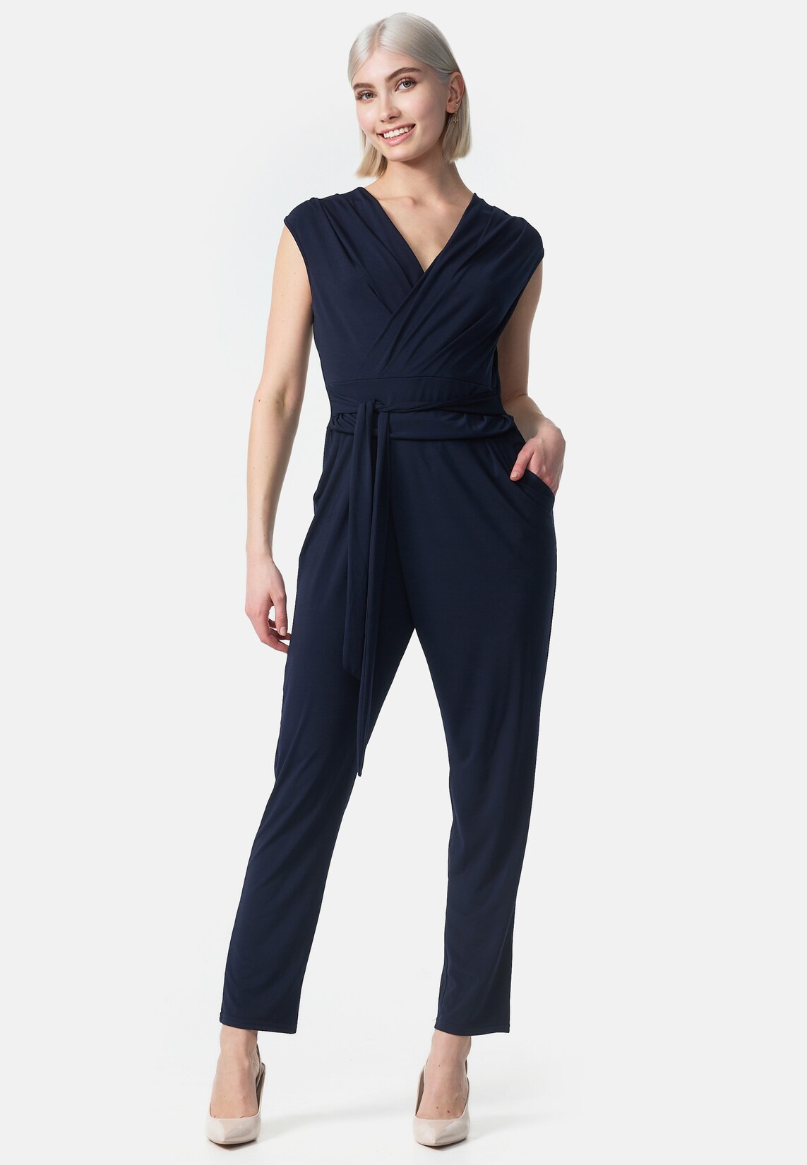 PM SELECTED Damen Overall Business Jumpsuit Wickeloptik mit Bindegürtel ohne Ärmel in Einheitsgröße PM36
