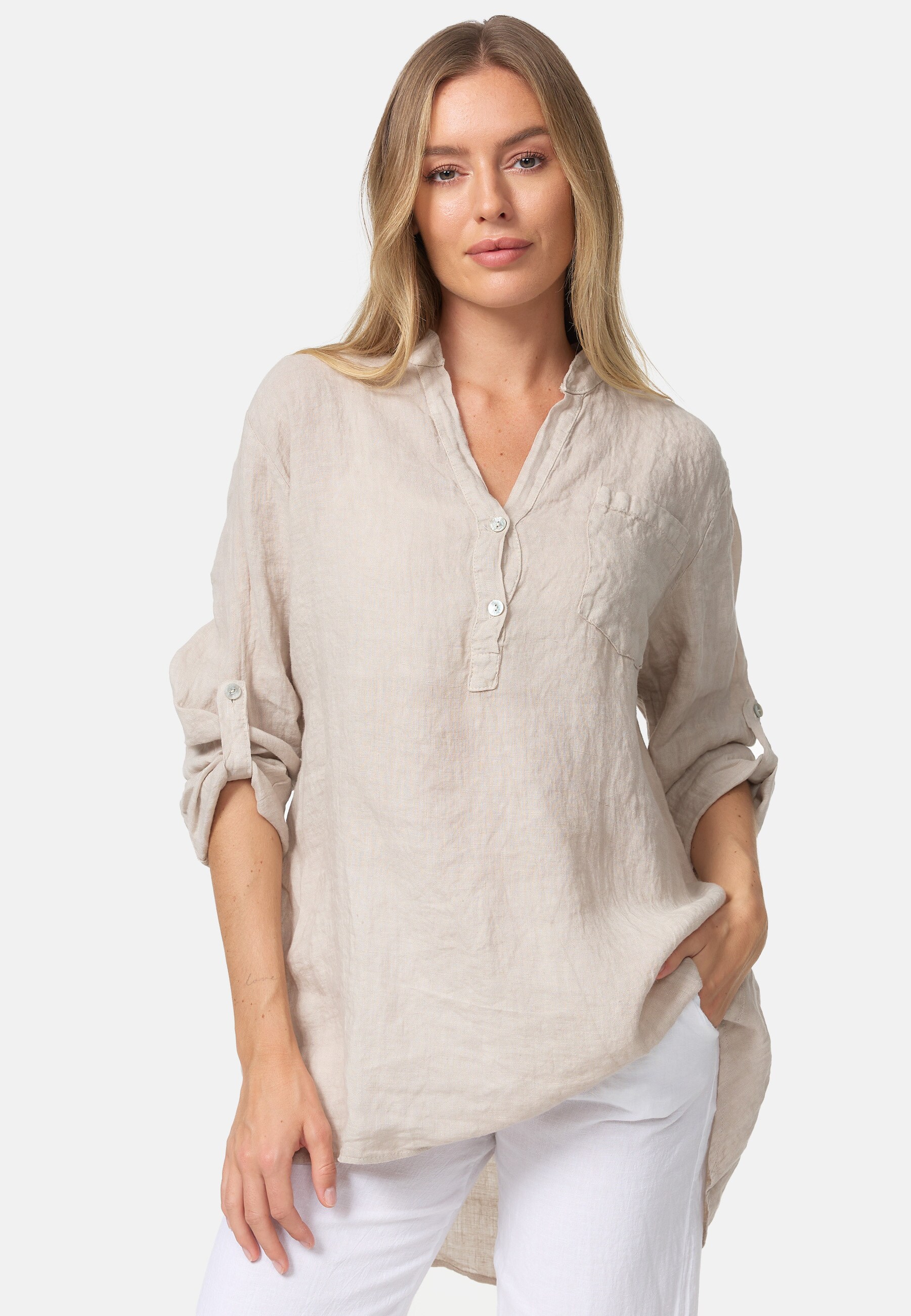 PM SELECTED Damen Sommerliche Leinenbluse im Hemdblusenstil mit Tasche und 3/4 &Auml;rmeln in Einheitsgr&ouml;&szlig;e PM38 - Bild 1