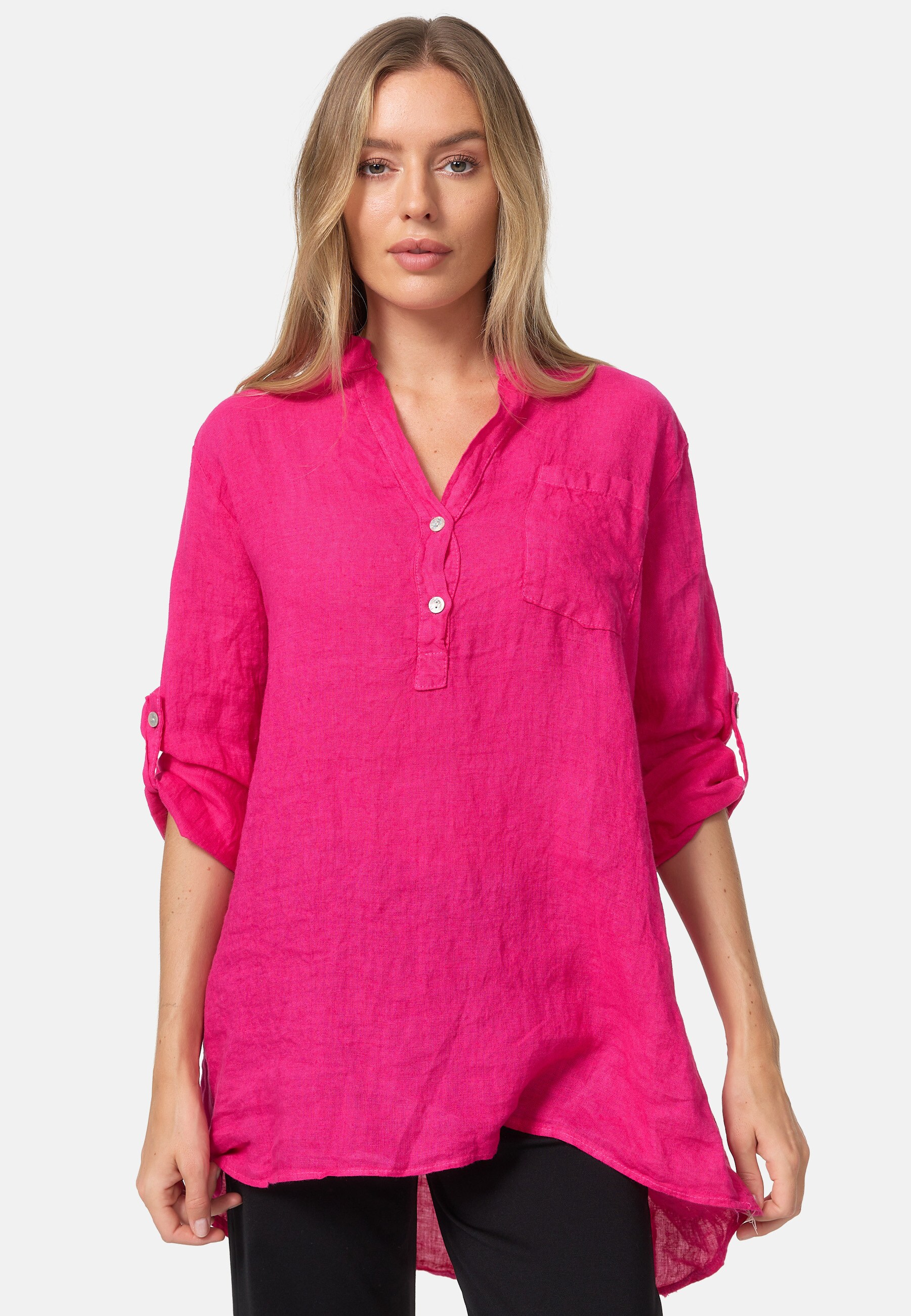 PM SELECTED Damen Sommerliche Leinenbluse im Hemdblusenstil mit Tasche und 3/4 &Auml;rmeln in Einheitsgr&ouml;&szlig;e PM38 - Bild 1