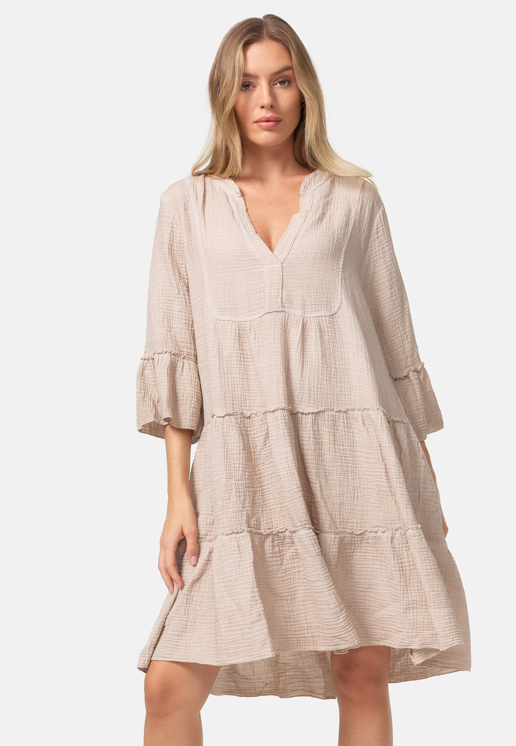 PM SELECTED Damen Leichtes Sommer Minikleid aus Musselin mit R&uuml;schen & 3/4 &Auml;rmel in Einheitsgr&ouml;&szlig;e PM39 - Bild 1