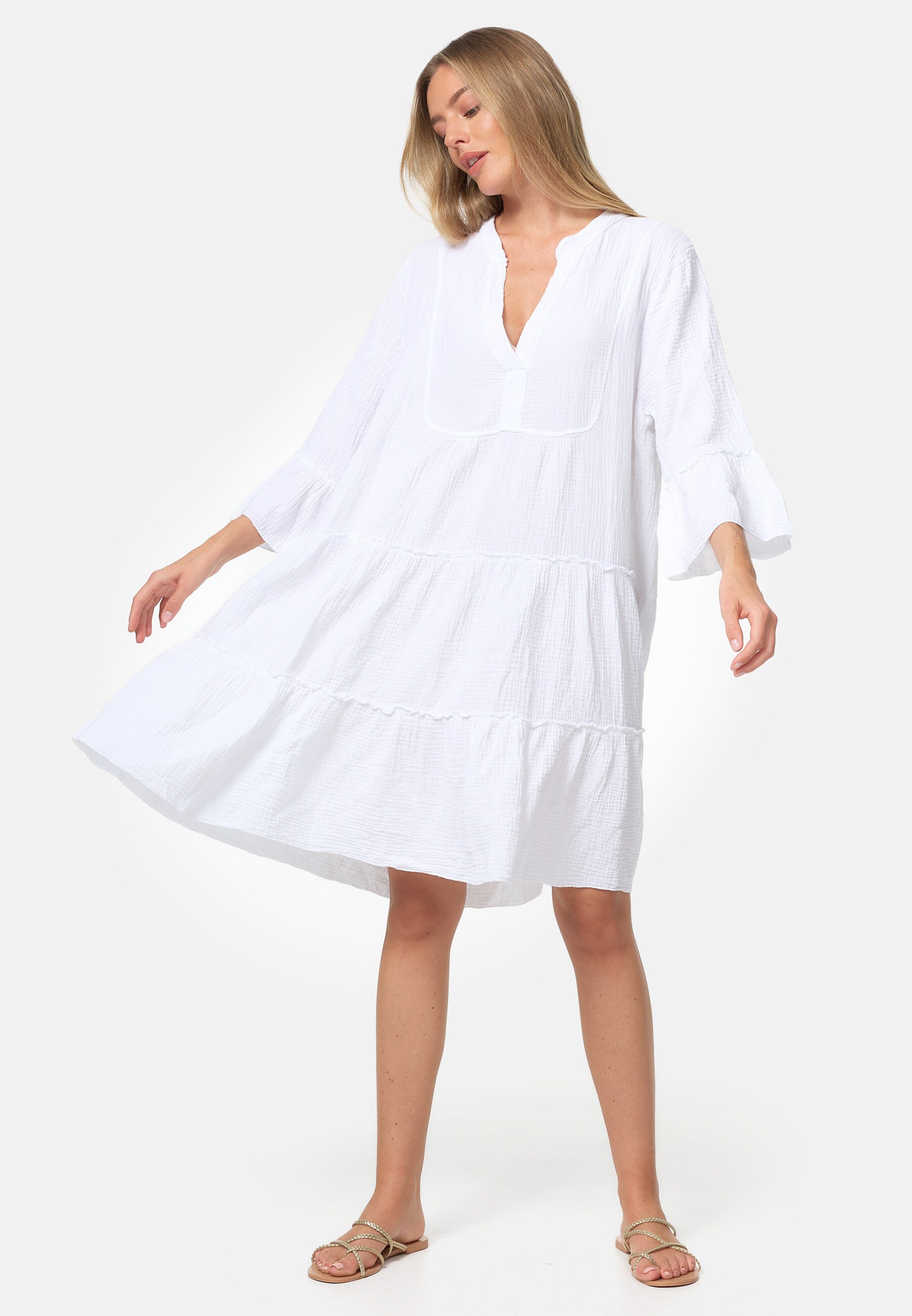 PM SELECTED Damen Leichtes Sommer Minikleid aus Musselin mit R&uuml;schen & 3/4 &Auml;rmel in Einheitsgr&ouml;&szlig;e PM39 - Bild 1