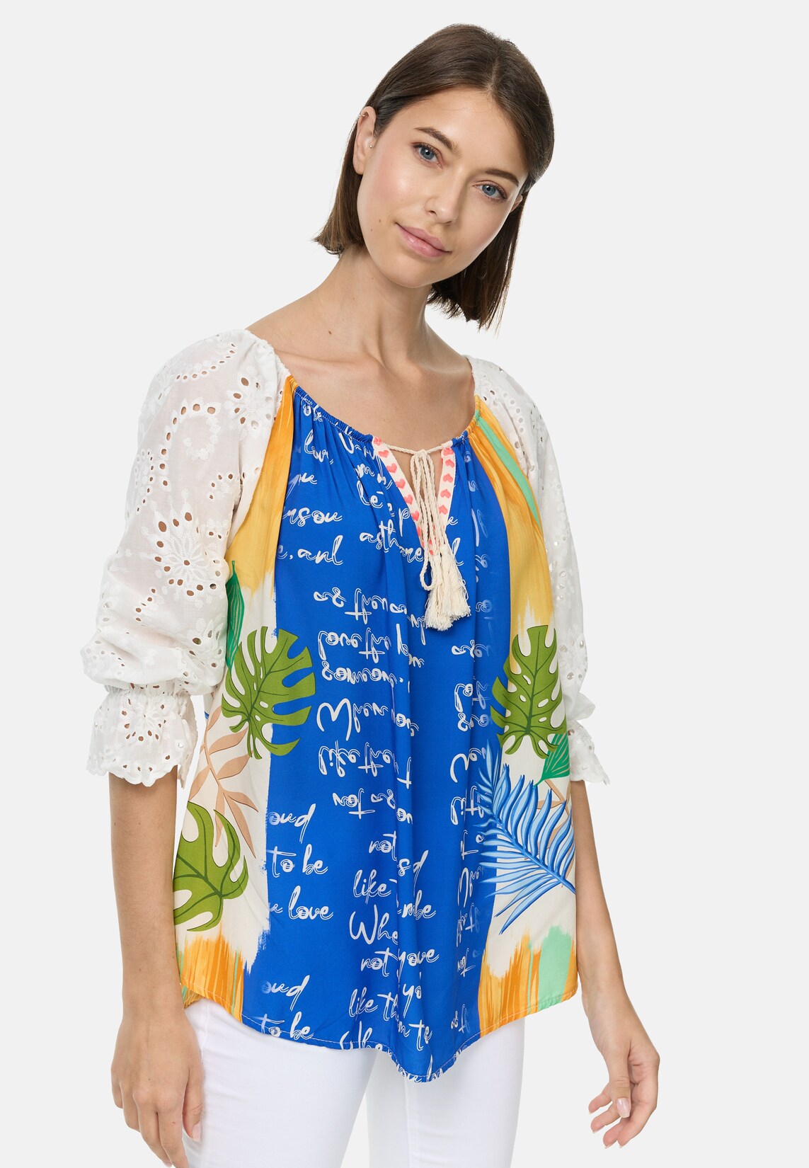 PM SELECTED Damen Romantische Tunika Bluse im Mustermix mit Spitze in Einheitsgröße PM61
