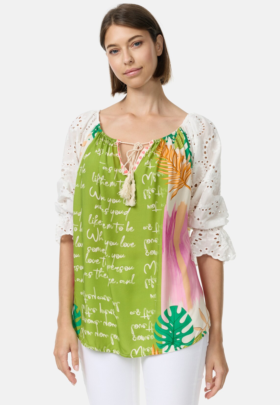 PM SELECTED Damen Romantische Tunika Bluse im Mustermix mit Spitze in Einheitsgröße PM61