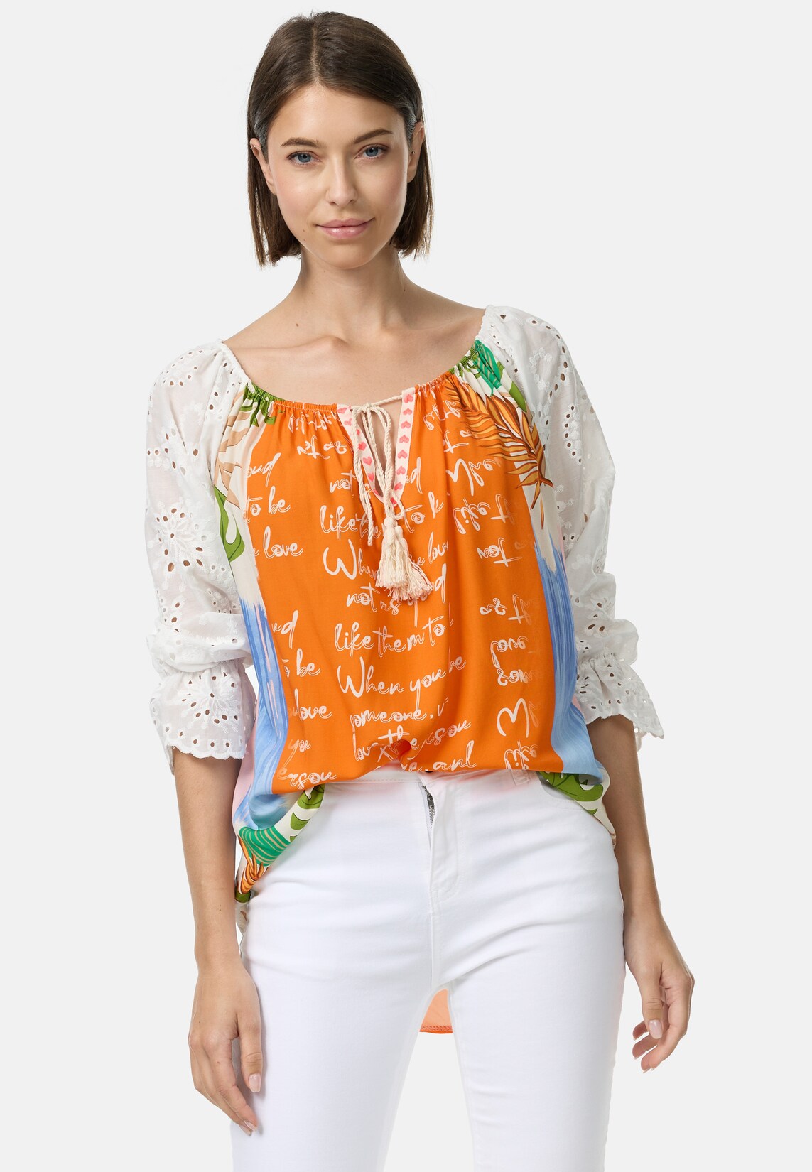 PM SELECTED Damen Romantische Tunika Bluse im Mustermix mit Spitze in Einheitsgröße PM61