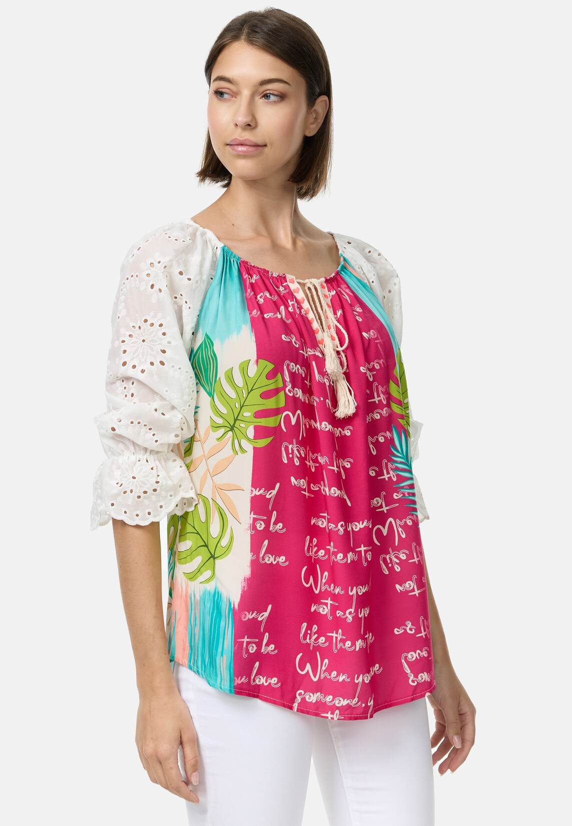 PM SELECTED Damen Romantische Tunika Bluse im Mustermix mit Spitze in Einheitsgröße PM61