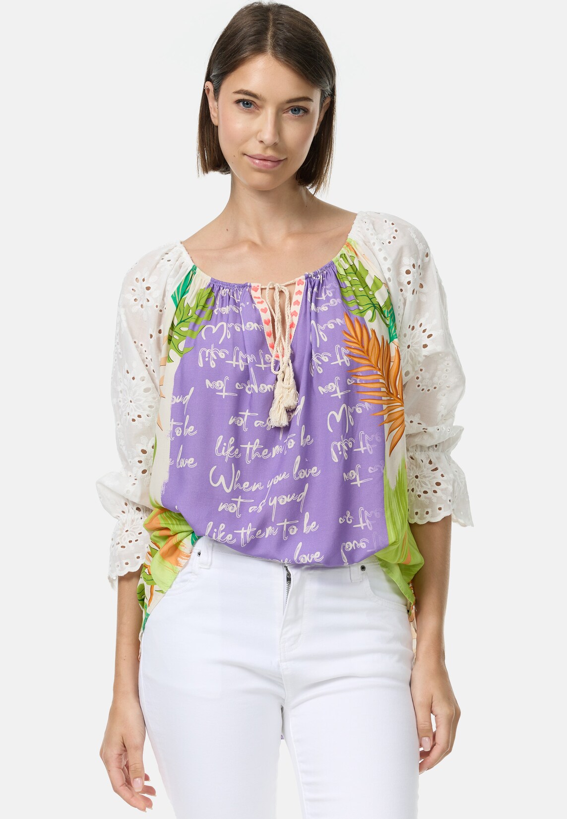 PM SELECTED Damen Romantische Tunika Bluse im Mustermix mit Spitze in Einheitsgröße PM61