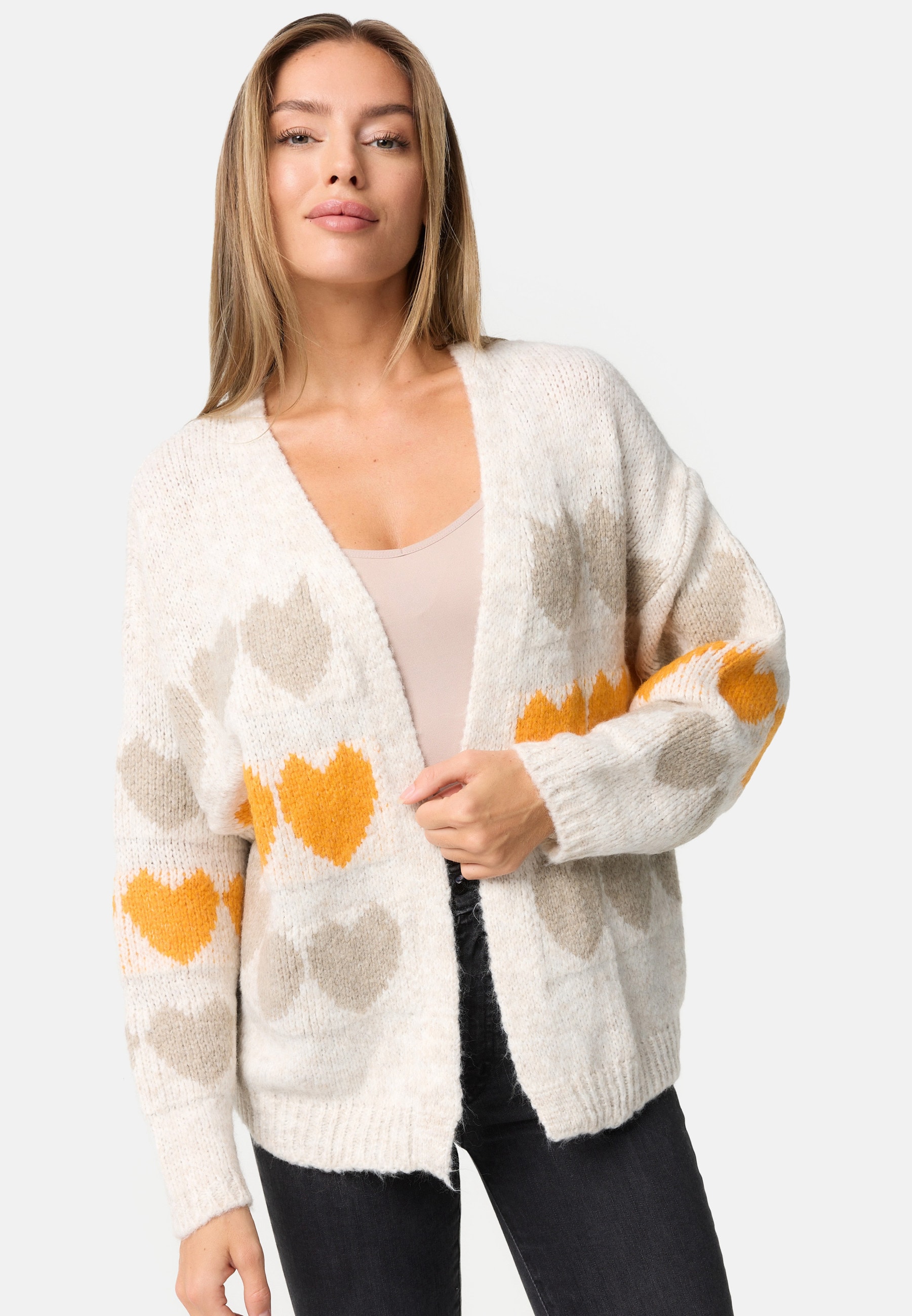 PM SELECTED Damen Warme Strickjacke Cardigan mit Herzmuster in Einheitsgr&ouml;&szlig;e PM66 - Bild 1