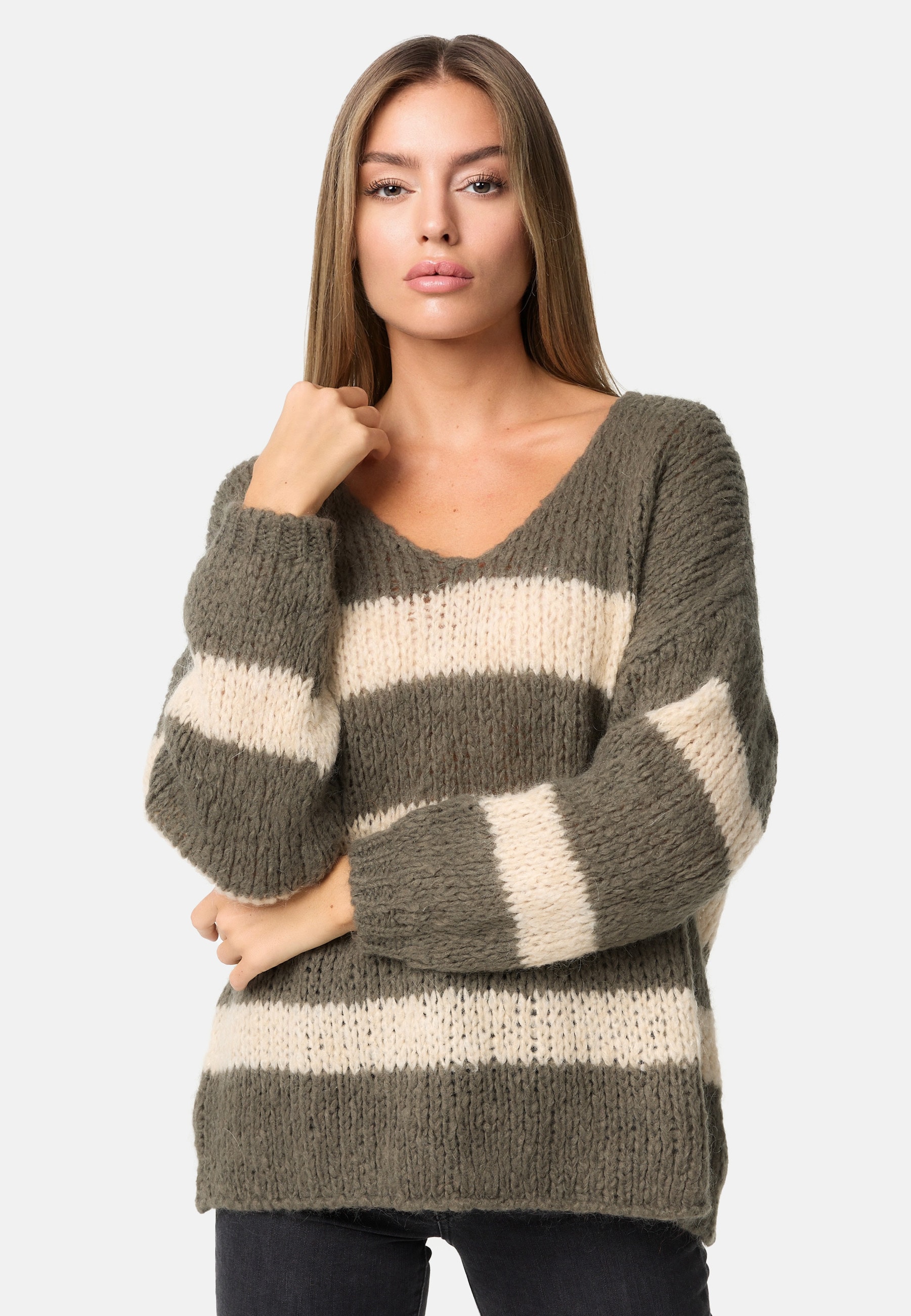 PM SELECTED Damen Warmer Strickpullover Pullover mit Candy Stripes in Einheitsgr&ouml;&szlig;e PM67 - Bild 1