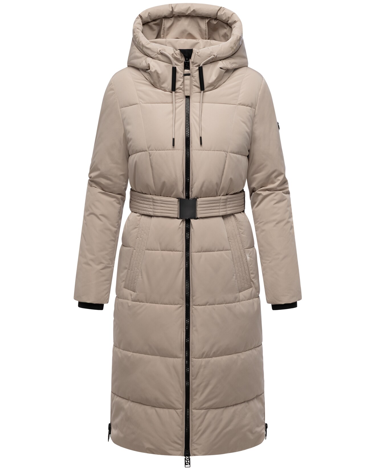 NAVAHOO Damen Steppmantel lang Wintermantel Parka Jacke wasserabweisend, Kapuze, Teddyfell, Kragen, Gürtel Herbstnebel | 04070448060818
