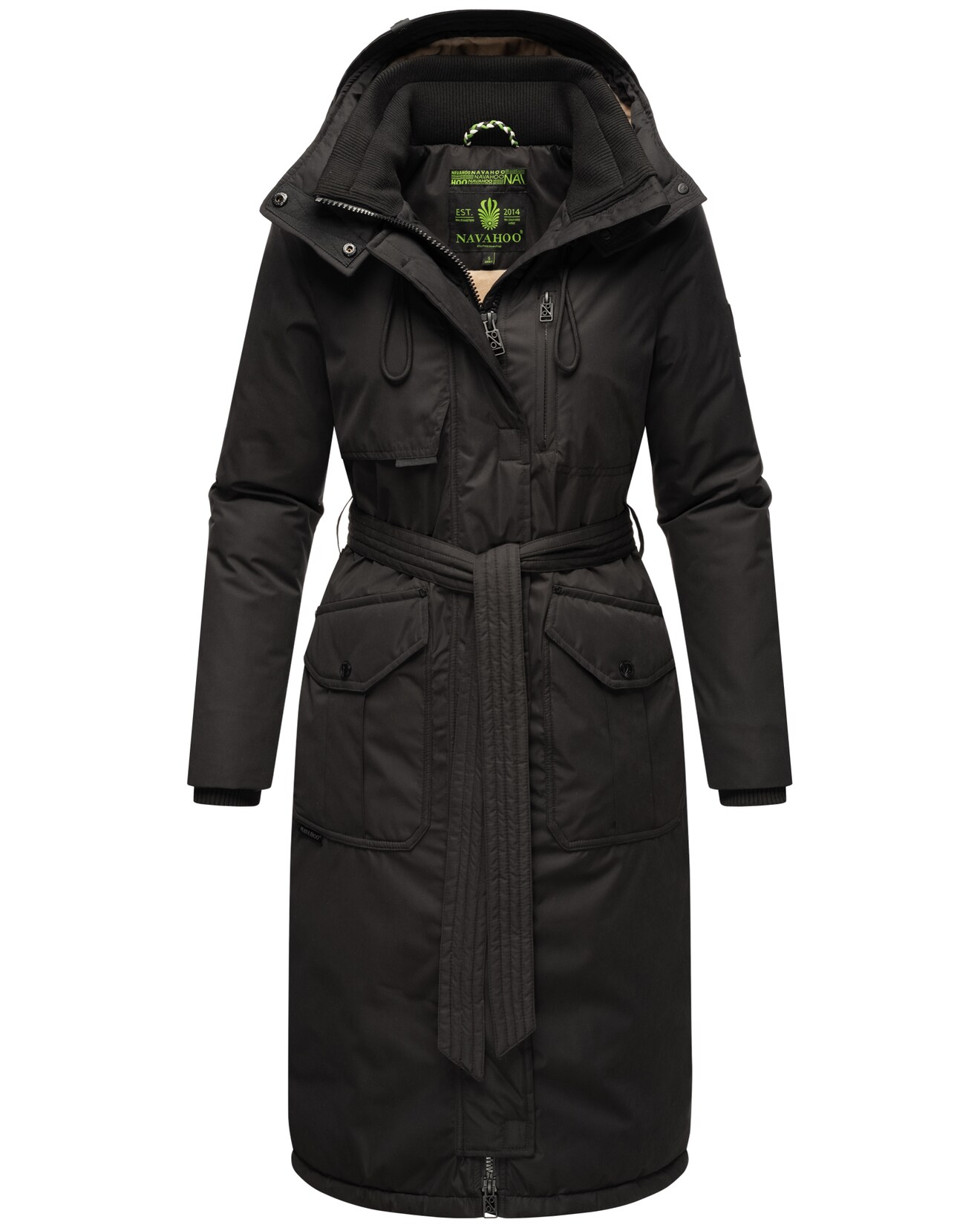 NAVAHOO Damen Wintermantel lang Parka warm Jacke mit Bindegürtel, Kapuze & Kragen Hokulanii