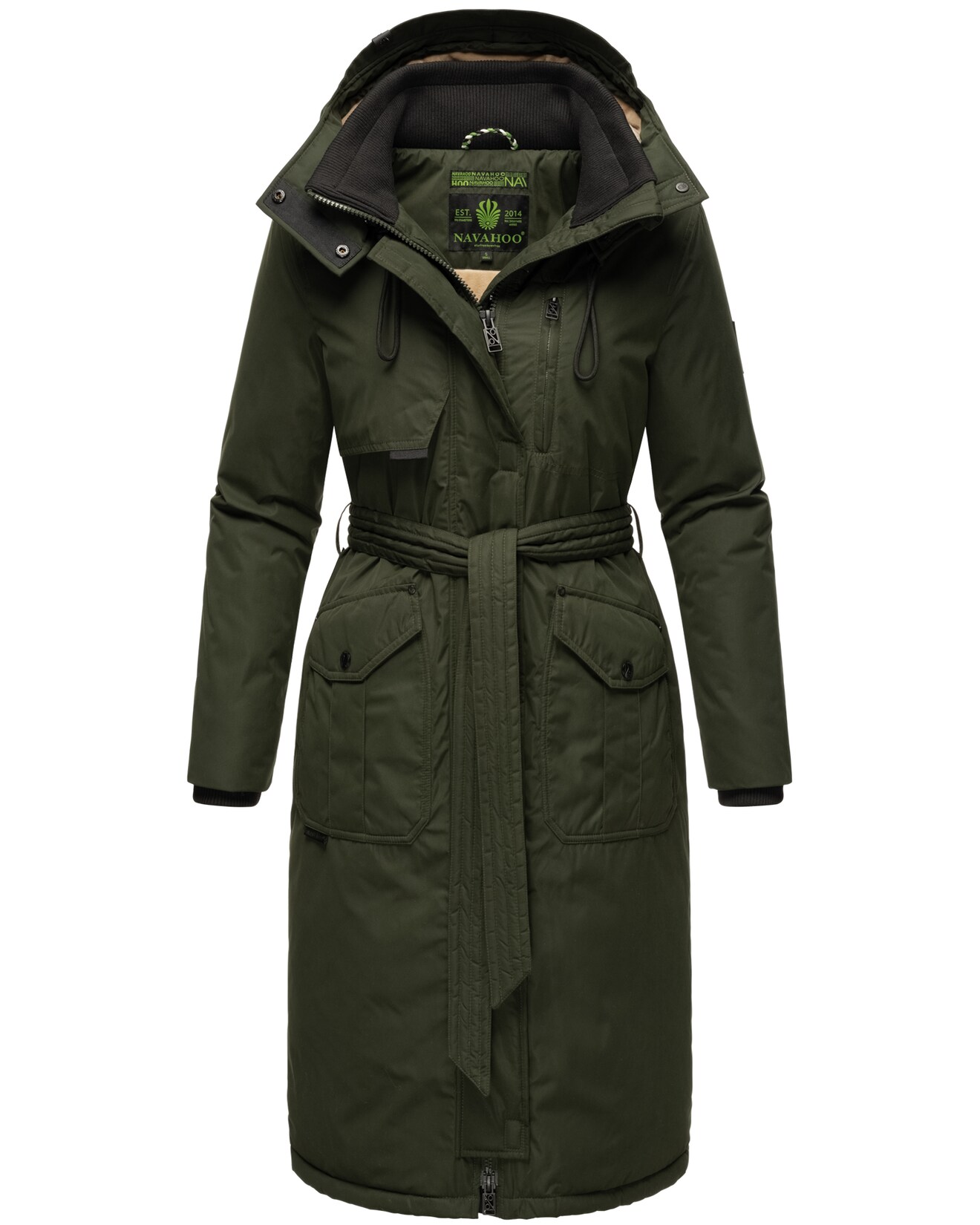 NAVAHOO Damen Wintermantel lang Parka warm Jacke mit Bindegürtel, Kapuze & Kragen Hokulanii