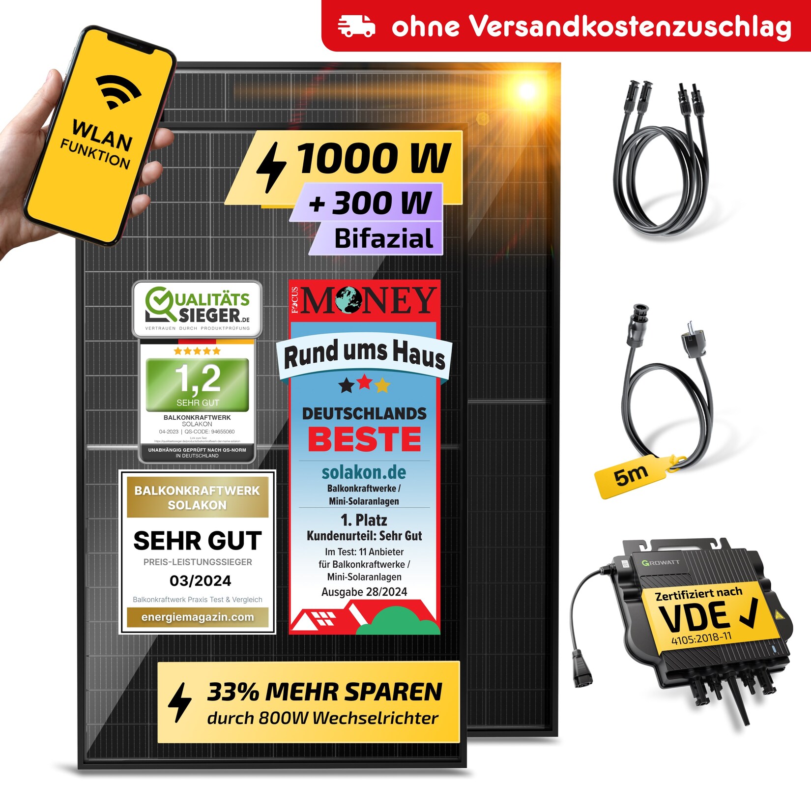 Balkonkraftwerk 1000W / 800W Solaranlage Steckerfertig WIFI Komplettset Photovoltaik Anlage 800W 5m | 04262399770377