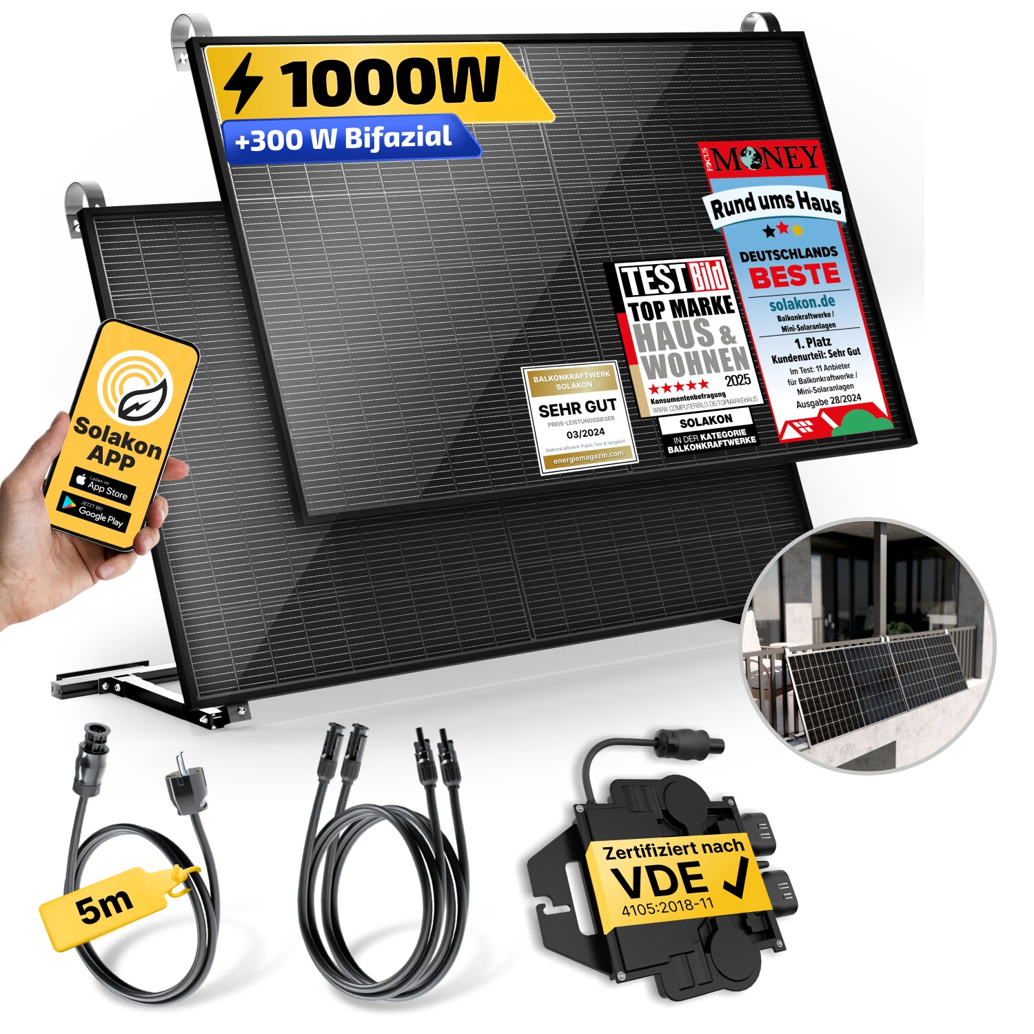 Balkonkraftwerk 1000W/800W Solaranlage mit Balkon Halterung Steckerfertig Komplettset Photovoltaik Anlage 800W, Kabellänge: 5m | 04262399770100