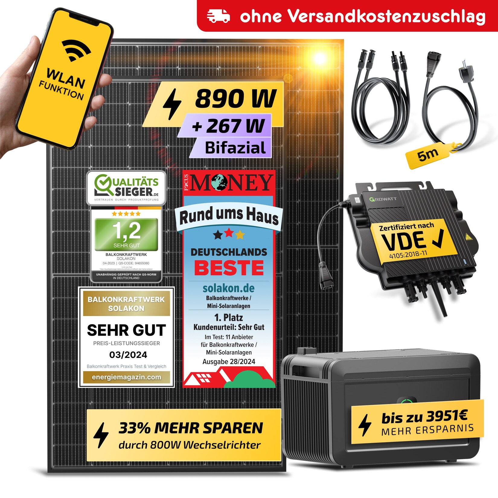 Balkonkraftwerk mit Speicher, 900W/800W Solaranlage Steckerfertig WIFI Komplettset Photovoltaik Anlage 800W, Kabellänge: 5m | 04262399770889