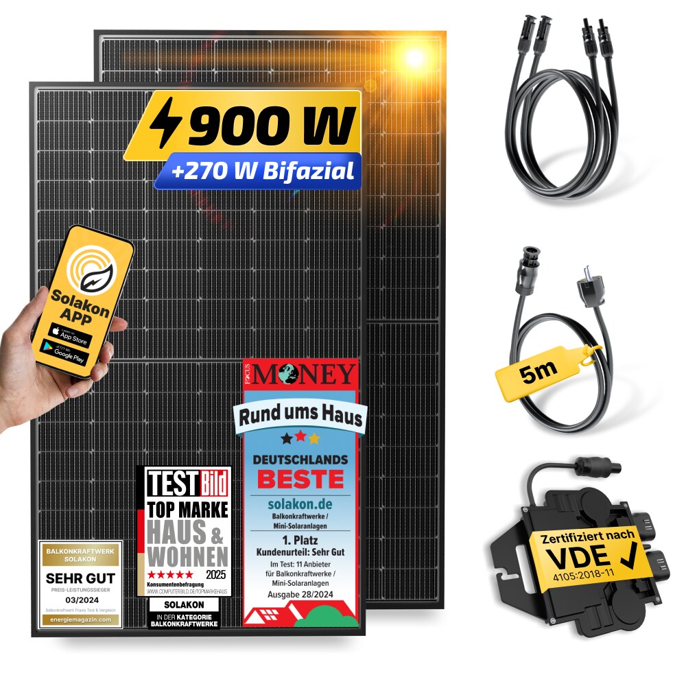 Balkonkraftwerk 900W Solaranlage Steckerfertig Komplettset Photovoltaik Anlage 800W, Kabellänge: 5m | 04262399771626
