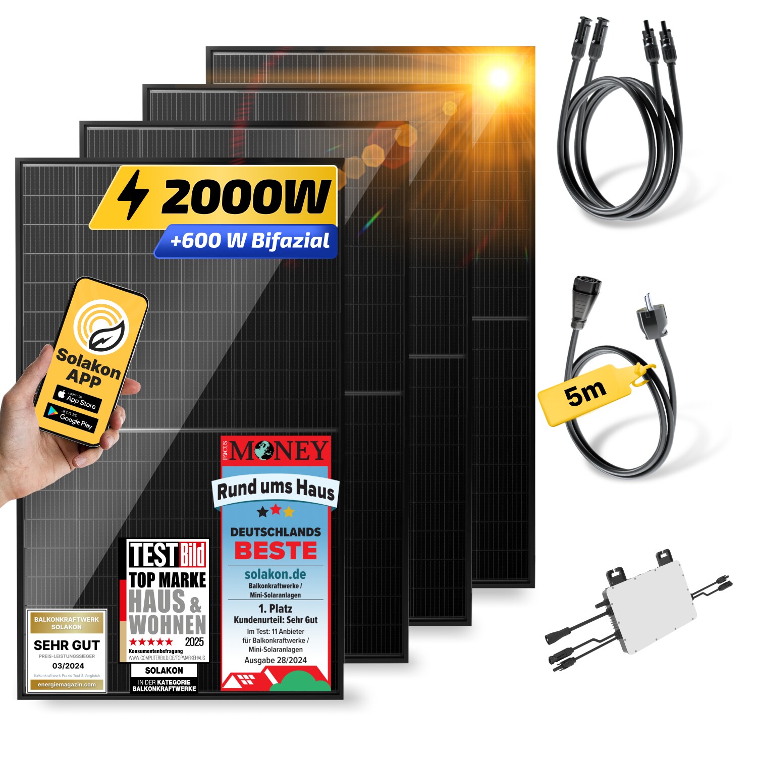 Balkonkraftwerk 2000W/800W Solaranlage Steckerfertig Komplettset Photovoltaik Anlage 800W, Kabellänge: 5m | 04262399771015