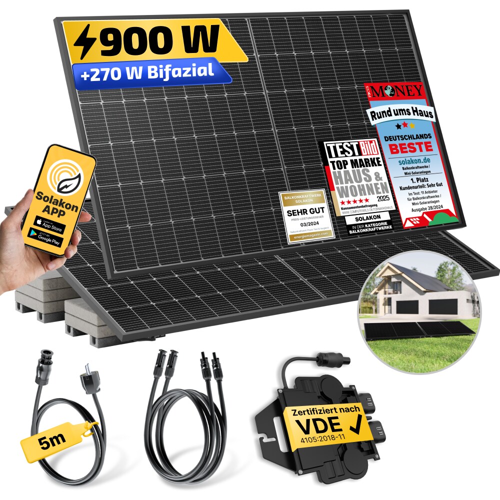 Balkonkraftwerk 900W/800W Solaranlage mit Garten Halterung Steckerfertig Komplettset Photovoltaik Anlage 800W, Kabellänge: 5m | 04262399771640