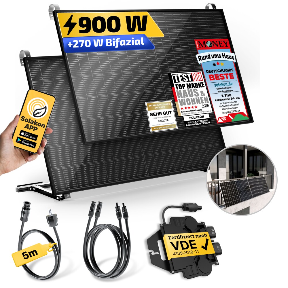 Balkonkraftwerk 900W/800W Solaranlage mit Balkon Halterung Steckerfertig Komplettset Photovoltaik Anlage 800W, Kabellänge: 5m | 04262399771657