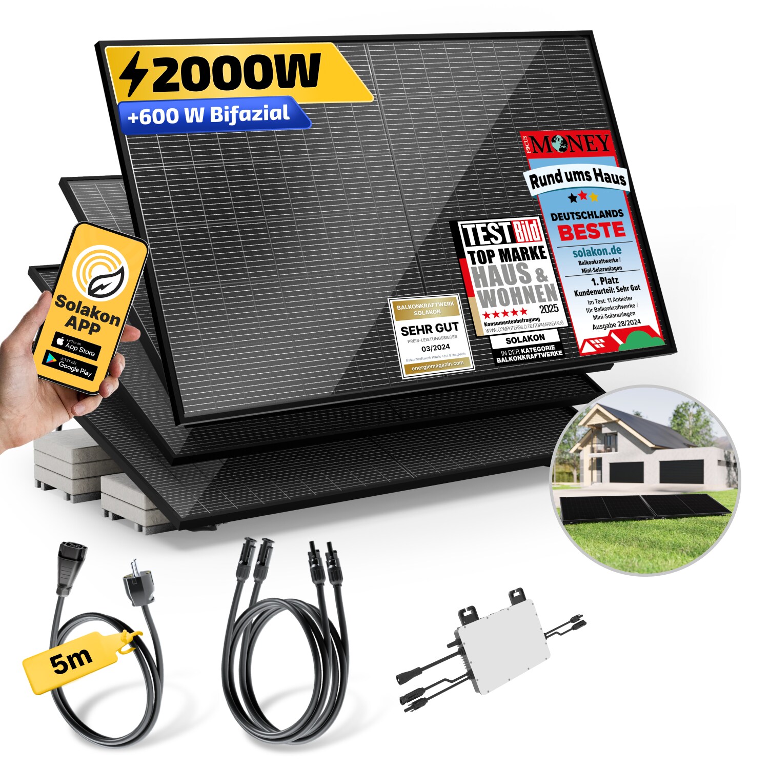 Balkonkraftwerk 2000W/800W Solaranlage mit Garten Halterung Steckerfertig Komplettset Photovoltaik Anlage 800W 5m | 04262399770803