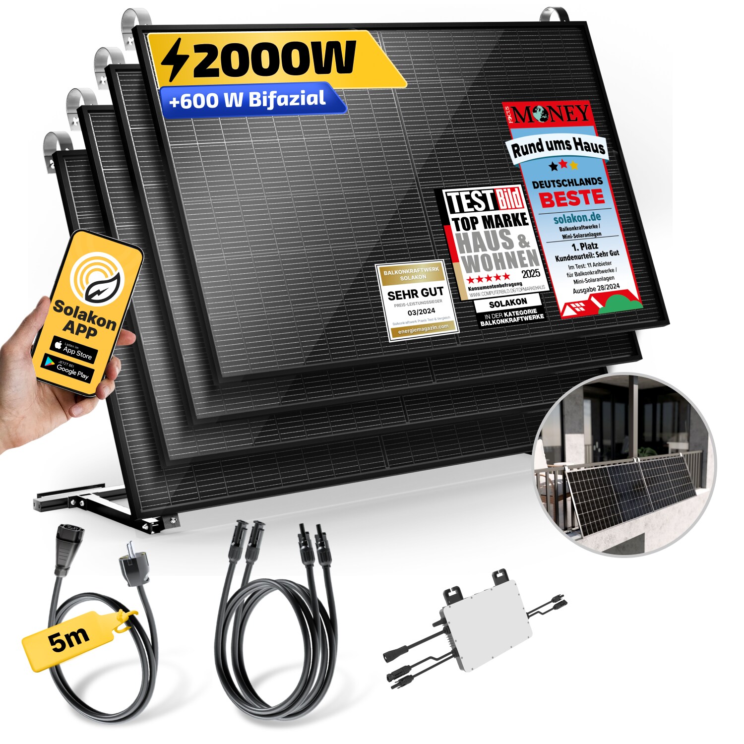 Balkonkraftwerk 2000W/800W Solaranlage mit Balkon Halterung Steckerfertig Komplettset Photovoltaik Anlage 800W, Kabellänge: 5m, Solakon – onPower | 04262399771527