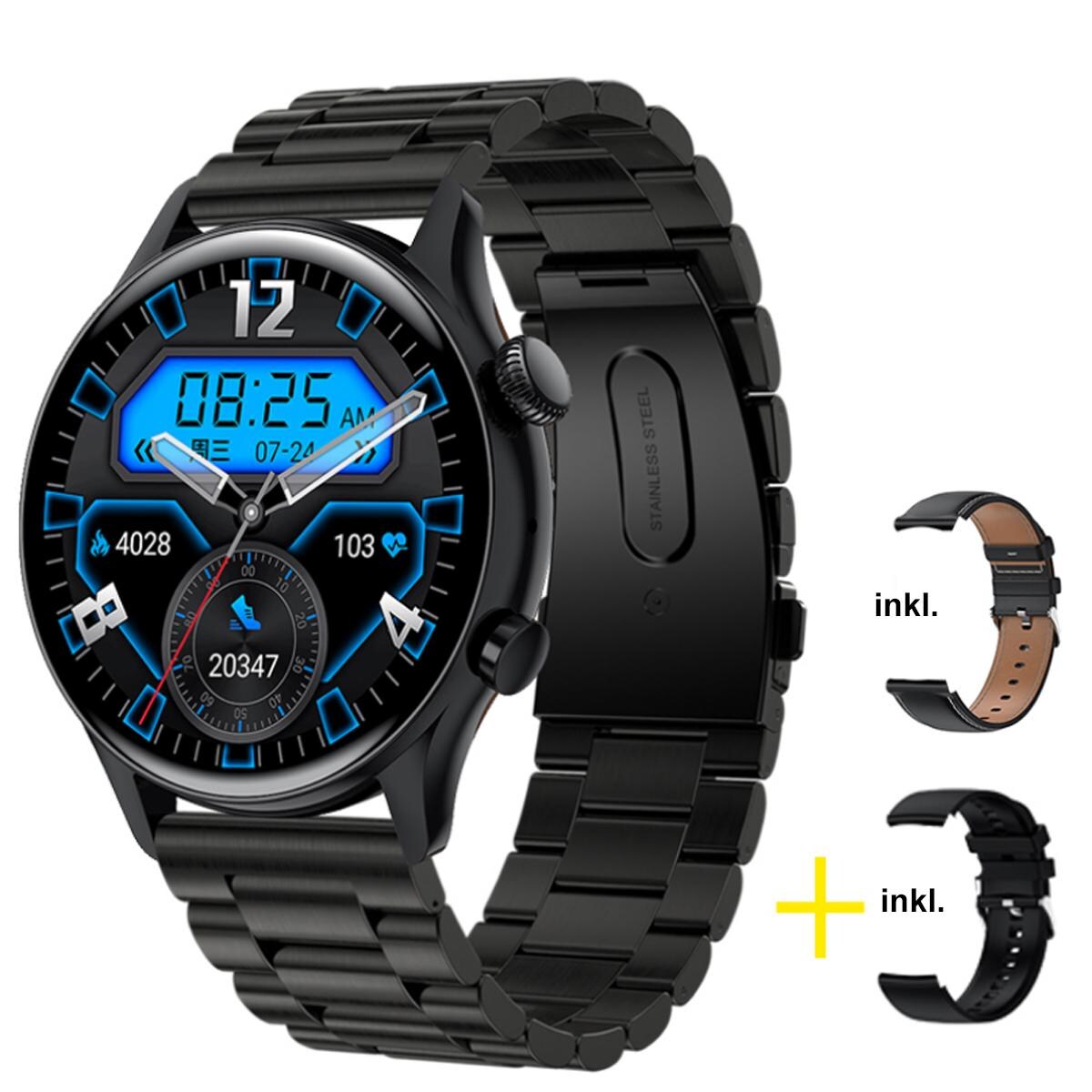 TPFNet Smart Watch / Fitness Tracker IP67 - Edelstahl Armband + Kunstleder & Silikon Armband - Android & IOS - Silber