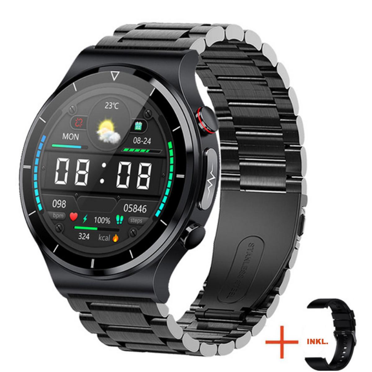 TPFNet Smart Watch / Fitness Tracker IP68 - Edelstahl Armband + Silikon Armband - Android & IOS - Schwarz - Bild 1