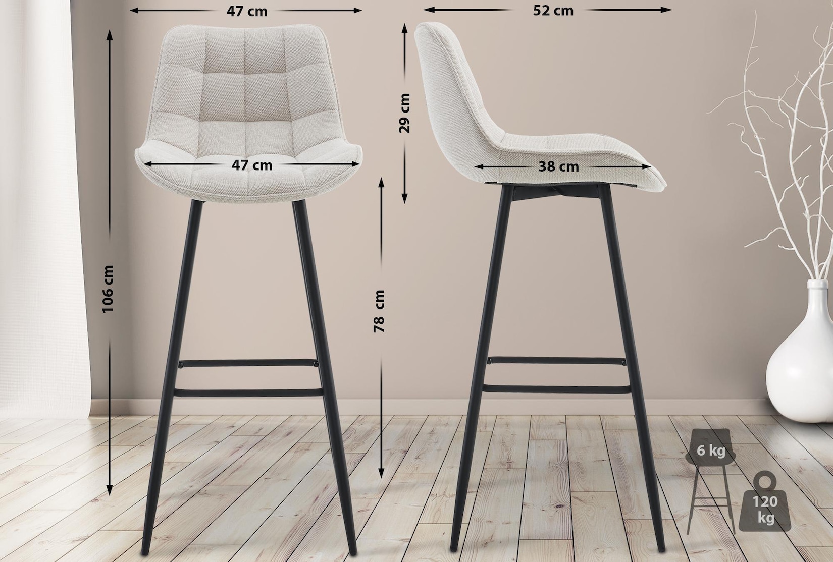 TPFLiving 2er Set Barhocker Danton Stoff creme