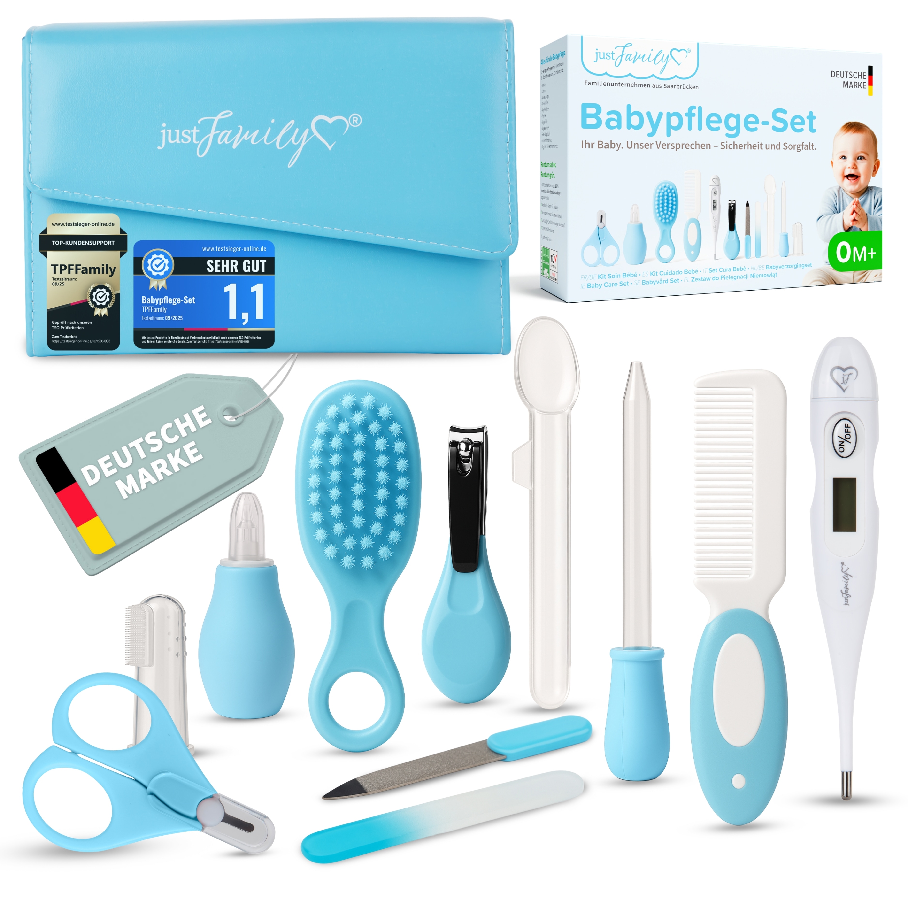 justFamily Baby Pflegeset Neugeborene &ndash; 11-teiliges Set mit hochwertiger Baby-Erstausstattung - Farbe Blau - Bild 1
