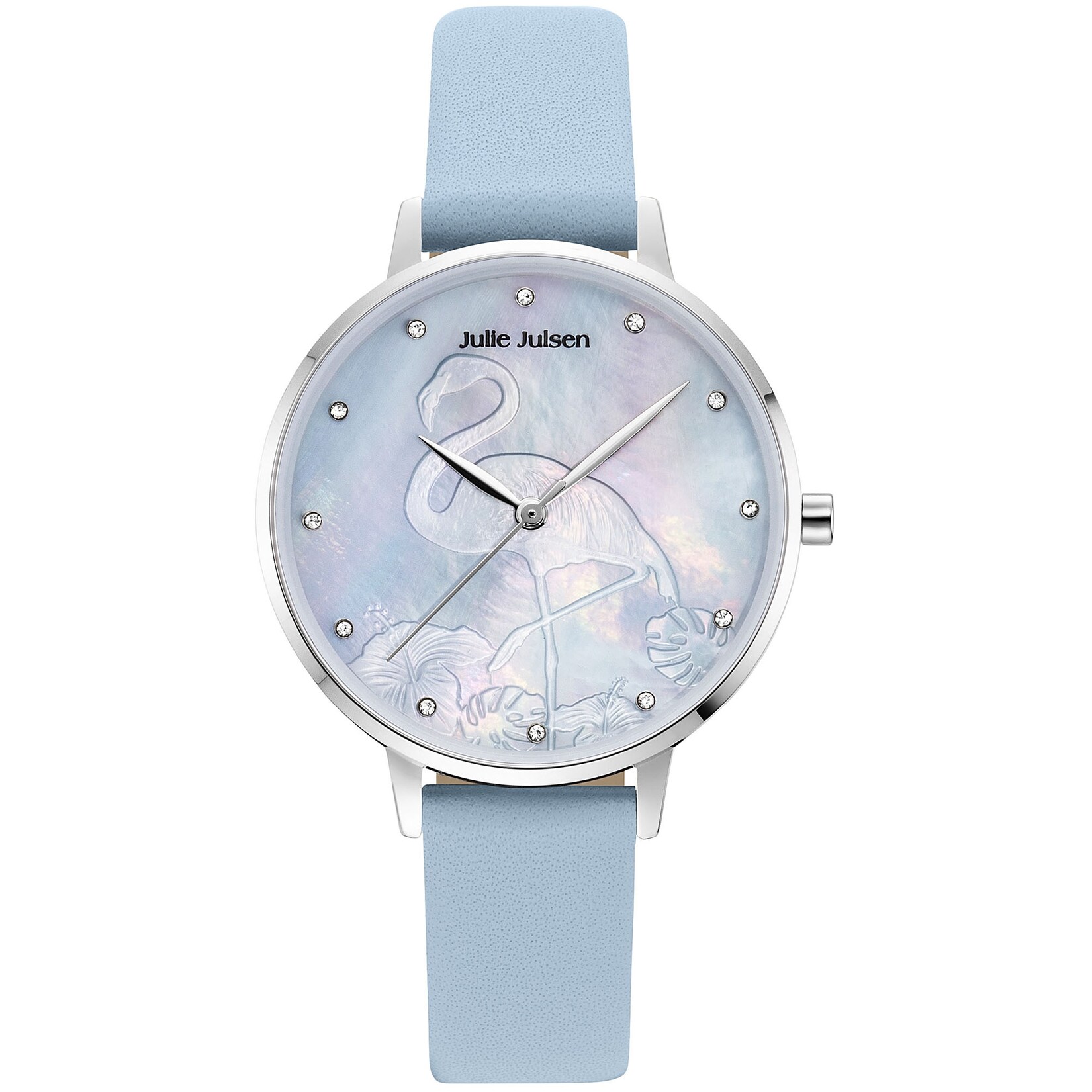 Julie Julsen Damenuhr Edelstahl silberfarben Lederband hellblau Flamingo | 09120098058897