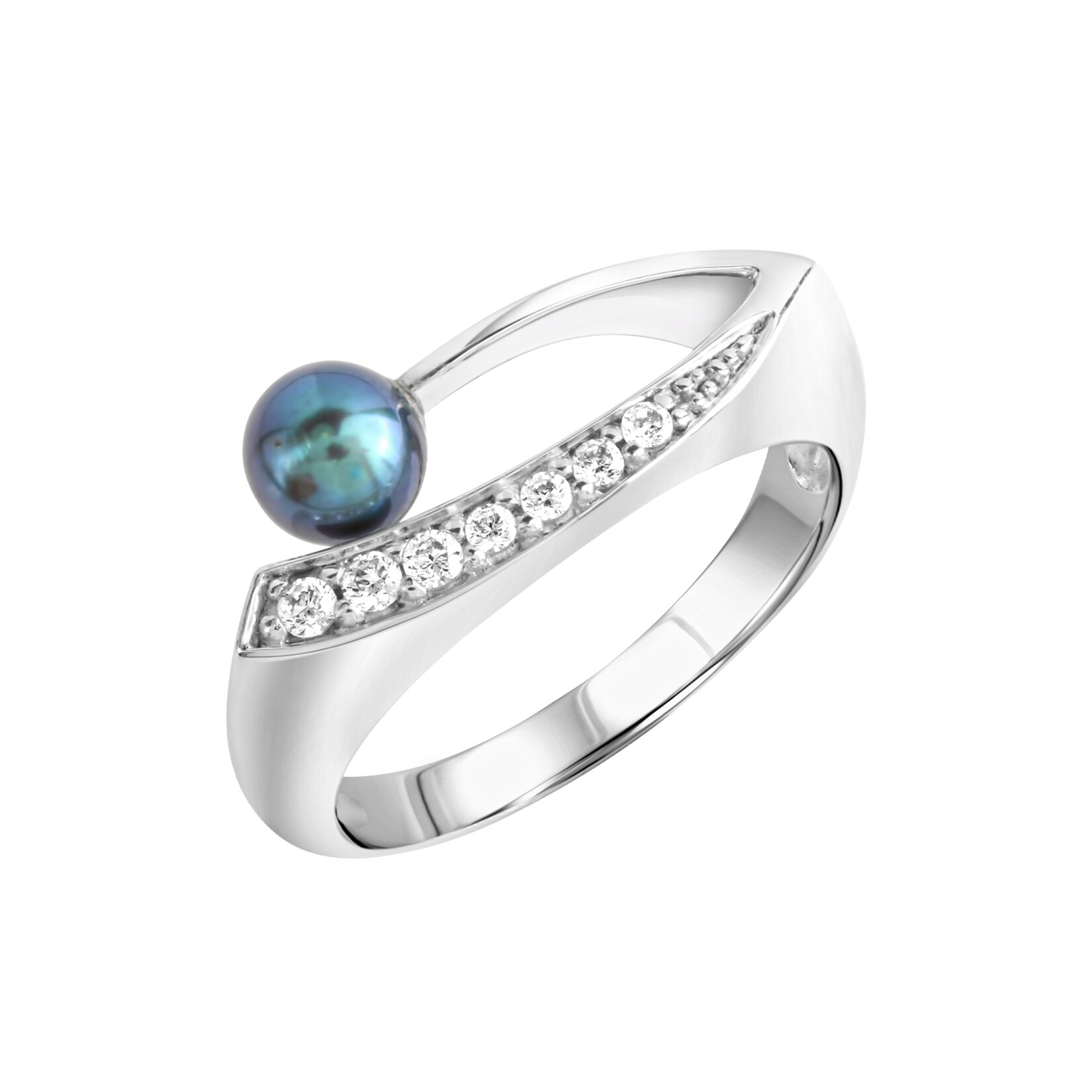 Zeeme Pearls Ring Silber 925 rhodiniert mit schwarzer Perle & Zirkonia weiß