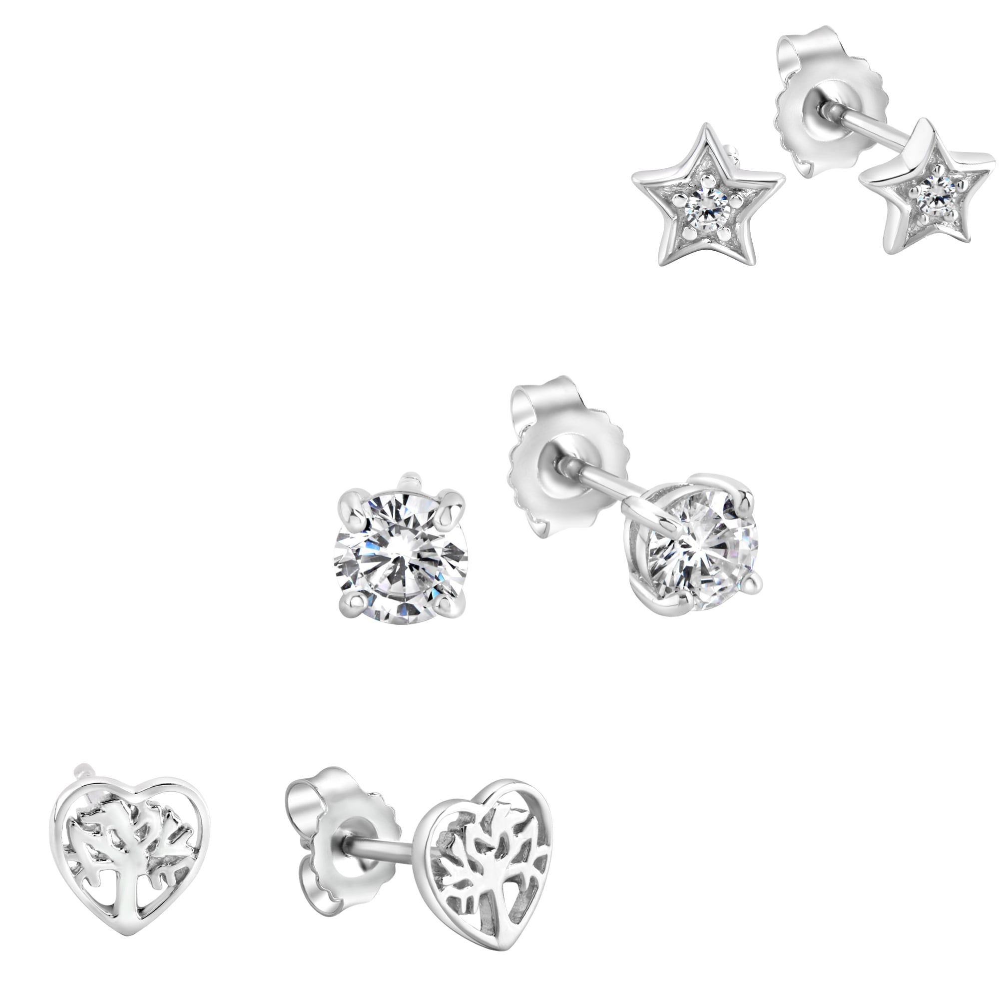 Zeeme Basic Ohrstecker Set 6 teilig Silber 925 rhodiniert Herz Stern Zirkonia wei&szlig; - Bild 1