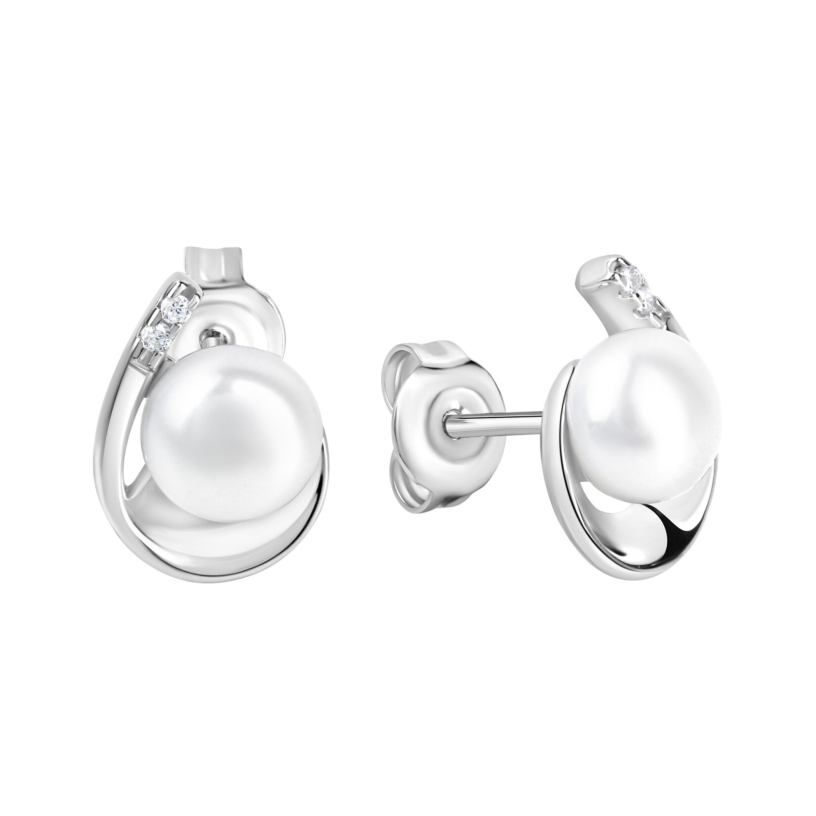 Zeeme Pearls Ohrringe Silber 925 rhodiniert Perle weiß 6,5-7mm Zirkonia | 04006046215046