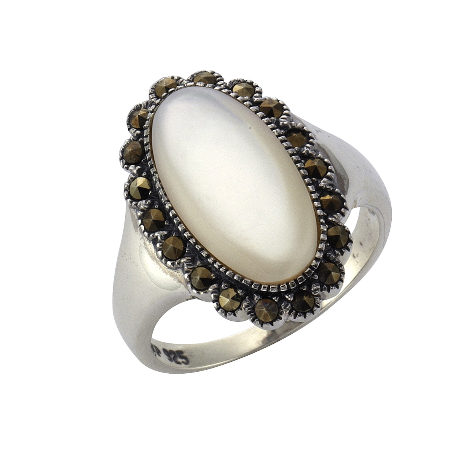 Zeeme Gemstones Ring Silber 925 oxydiert mit weißem Perlmutt und 18 Markasit-Steinen