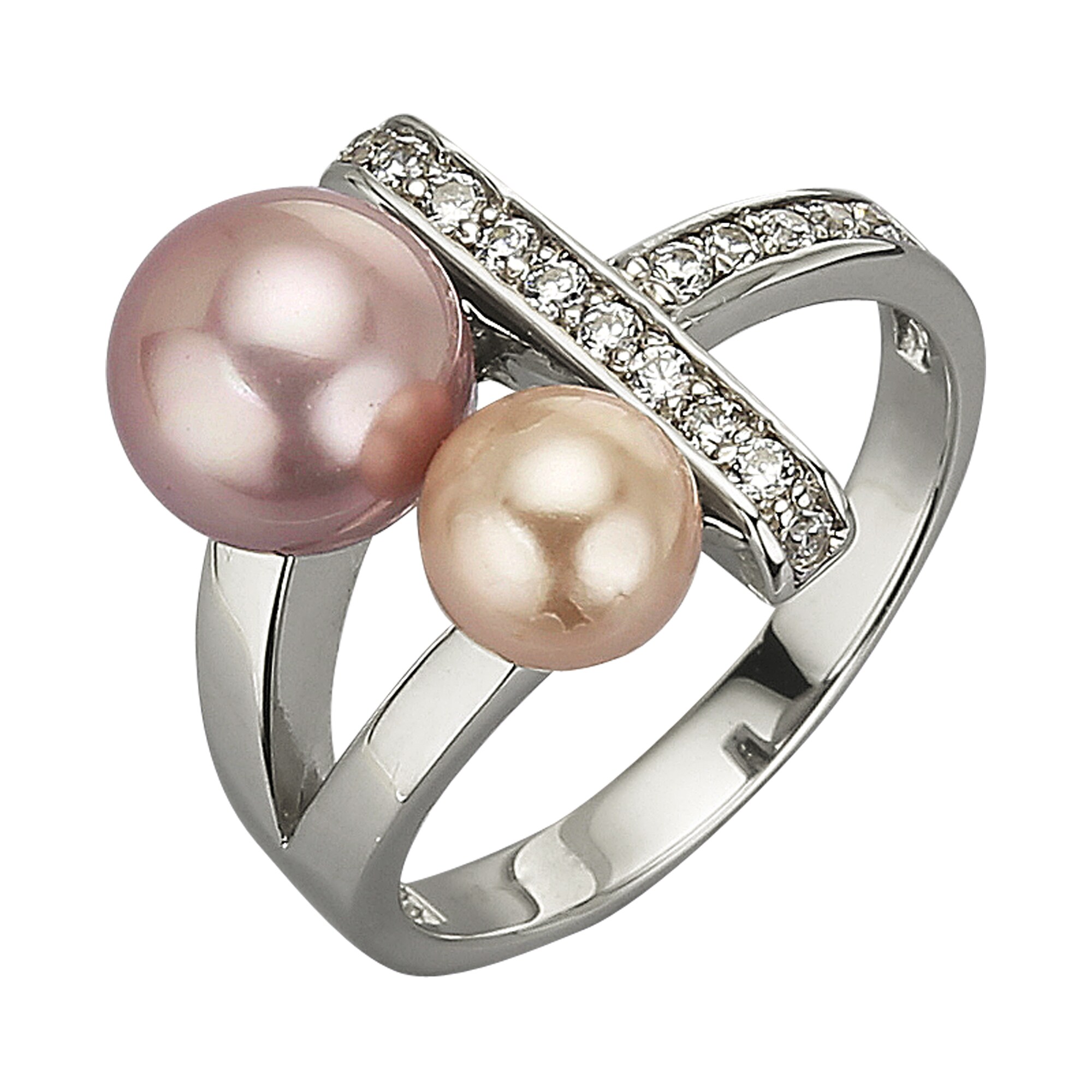 Zeeme Pearls Ring Silber 925 mit 2 Muschelkernperlen und Zirkonia wei&szlig; - Bild 1