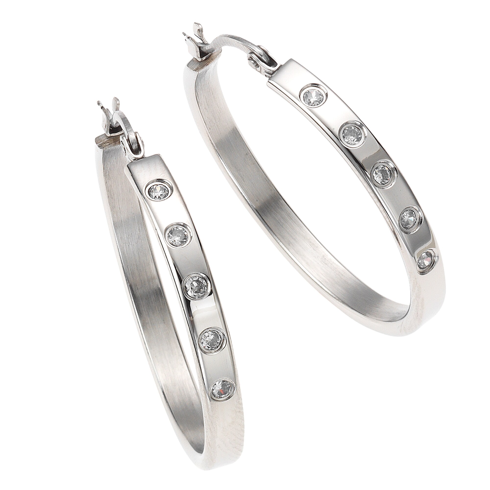 Zeeme Stainless Steel Ohrringe Edelstahl mit wei&szlig;en Zirkonia-Steinen 35mm Durchmesser - Bild 1